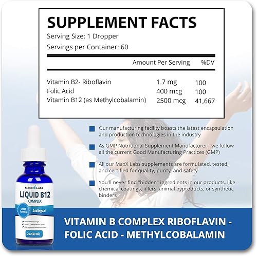 Miniatura 4 de Vitamina B Complex B12 Líquido - Vitamina B12 Sublingual Drops - Fórmula de Energía Avanzada con B2 Riboflavina - B9 ácido fólico - B12