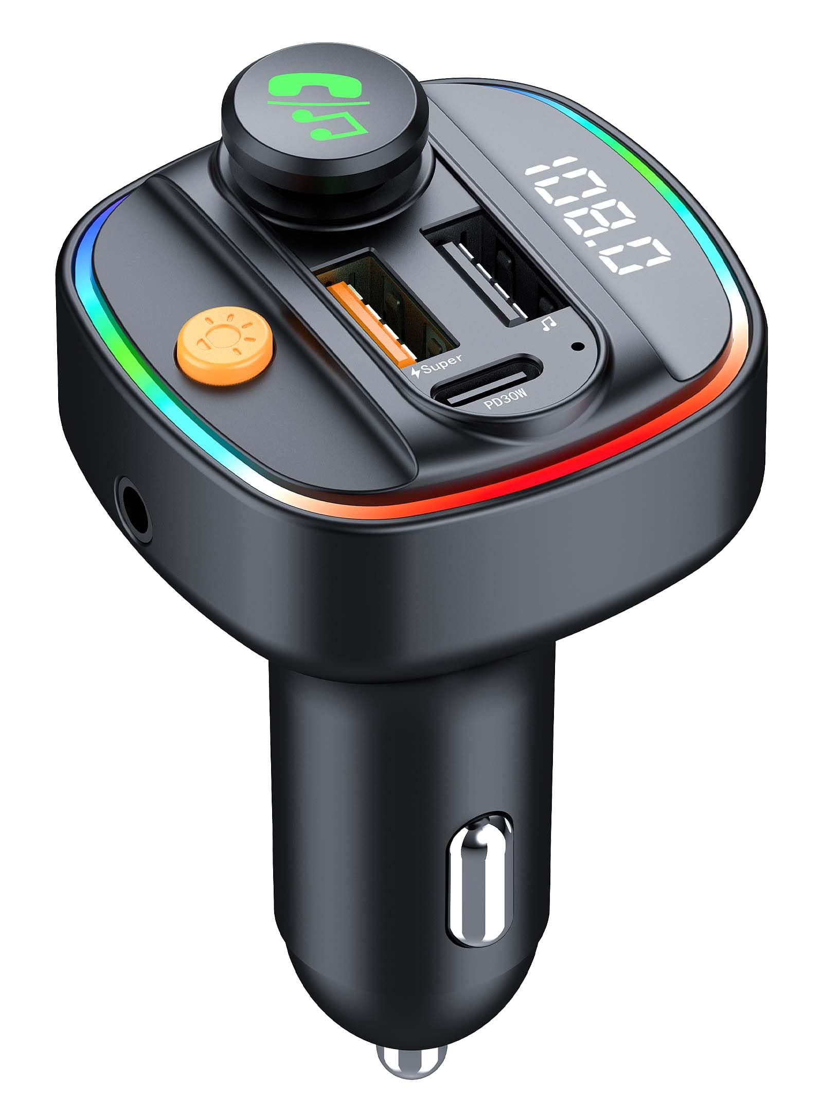 Bluetooth 5.3 FM Transmitter for Car, Wireless Bluetooth Adapter with QC3.0 Fast Charging & PD 30W Type-C, Hands-Free Calling, MP3 Playback USB/AUX, 7-Color Ambient Light, Ideal for Older Cars