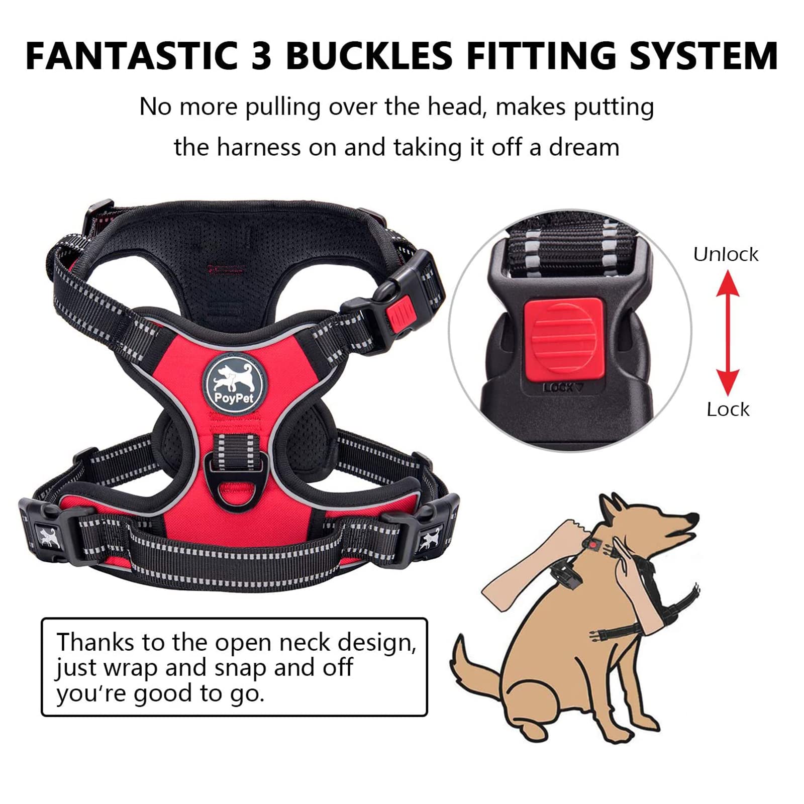 PoyPet No Pull Dog Harness with Neck Release Buckle, Reflective No-Choke Harness with 2 Leash Clip - Image 3