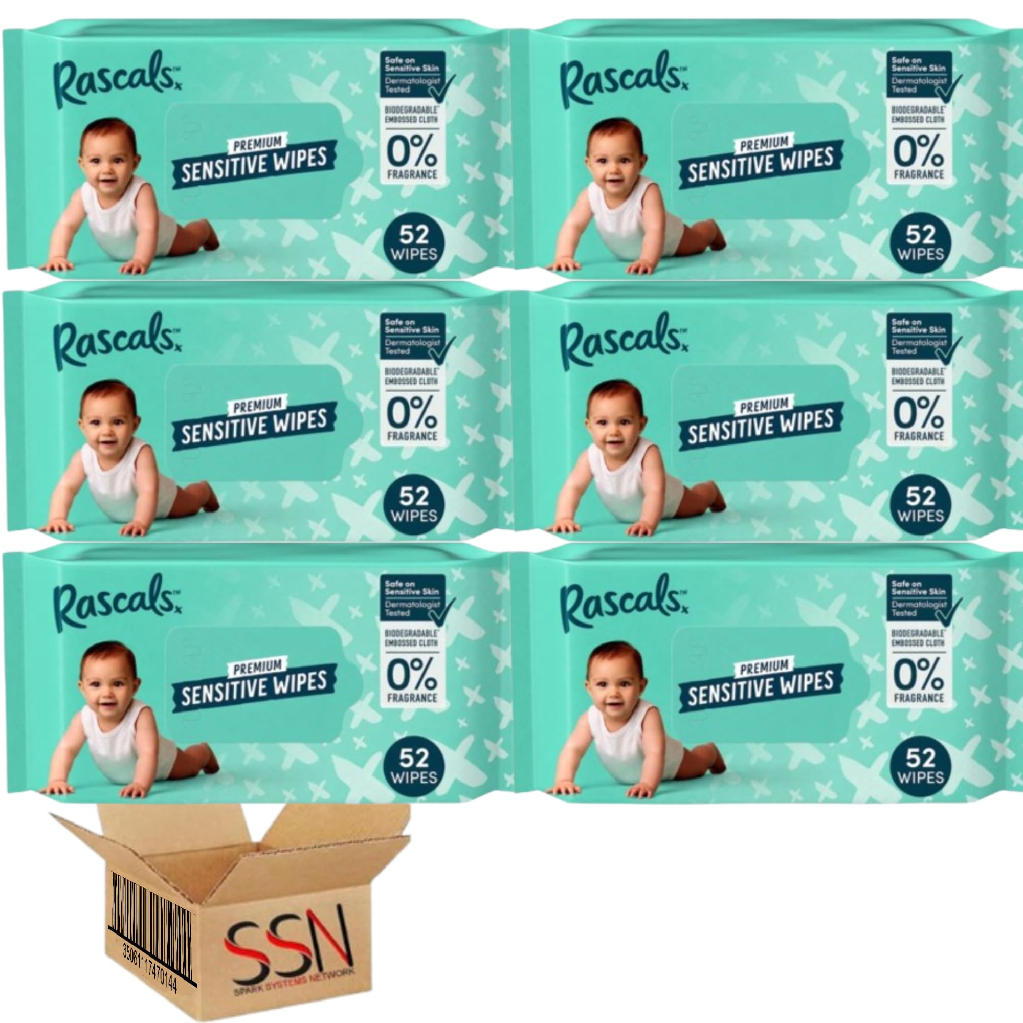 Rascals Premium Sensitive Wipes Each Pack 52 Wipes.Extra Gentle Care for Delicate Skin By SSN Spark Systems Network. (Pack of 6x)