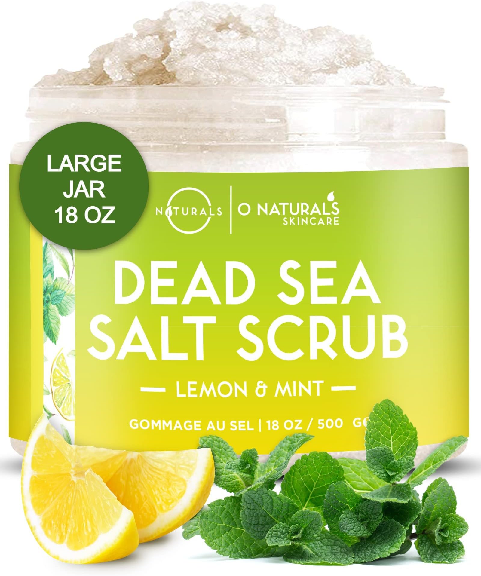 Rejuvenating Lemon & Mint Dead Sea Salt Face & Body Scrub. Refreshes, Exfoliates, Tones & Treats Oily Skin, Acne. Anti-Aging. Antiseptic, Antimicrobial. Sweet Almond & Argan Oil. 18 Oz