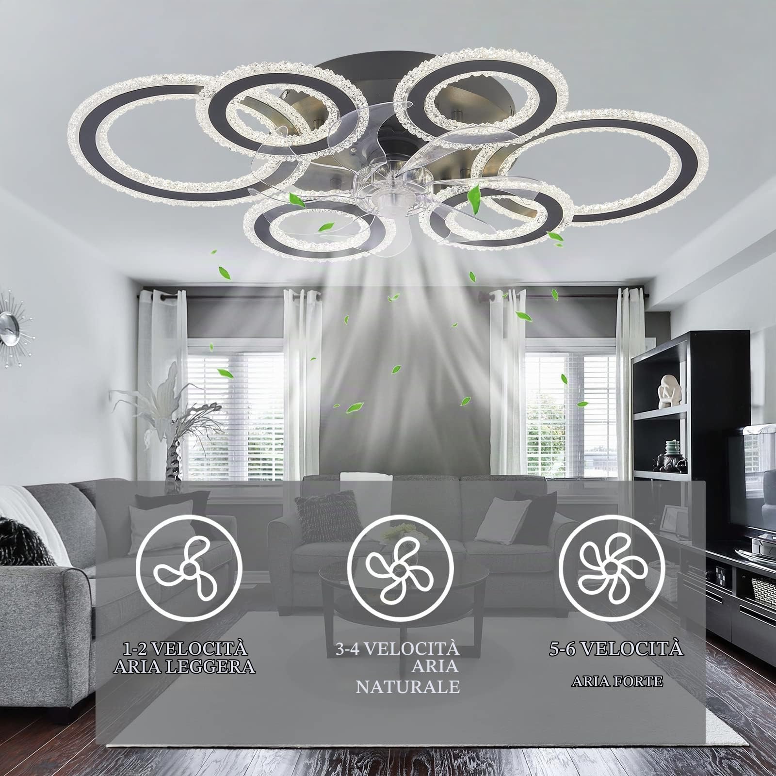 YUNZI Ventilatore Da Soffitto Con Luce E Telecomando, 76CM Lampadari Ventola, Con Luce LED Dimmerabile Per Soggiorno, 6 Velocità, 6 Luci, Reversibile DC Plafoniera Con Ventilatore-White