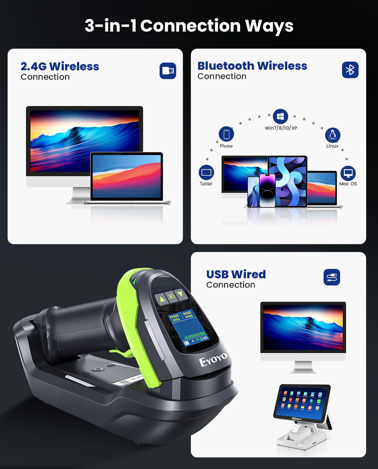 Eyoyo Escáner de Códigos de Barras 1D 2D QR con Pantalla y Base Triple Conexión Bluetooth Inalámbrico 2.4G y Cableado Compatible con iOS Android Windows