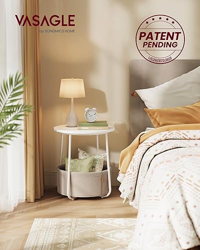 Miniatura 4 de VASAGLE Colección LILEA - Mesa auxiliar pequeña redonda, moderna mesita de noche con cesta de tela, blanco mate y marrón camello ULET223W10 Blanco
