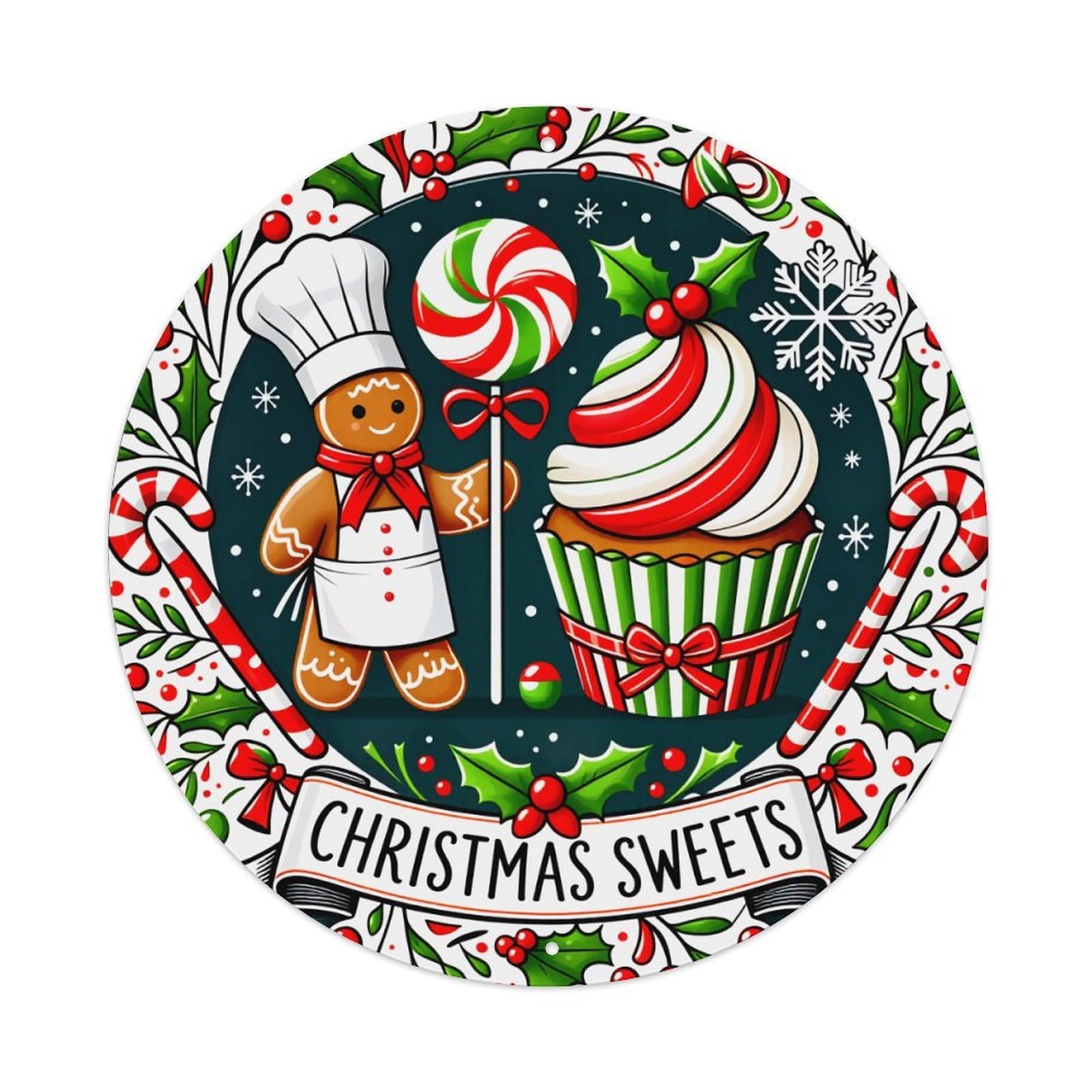 Christmas Sweets Gingerbread Cupcake Candy Cane Round Tin Sign Vintage Metal Poster Retro Bar, Home, Man Cave, Kitchen, Laundry Room Wall Art Decor Gift 8x8Inch