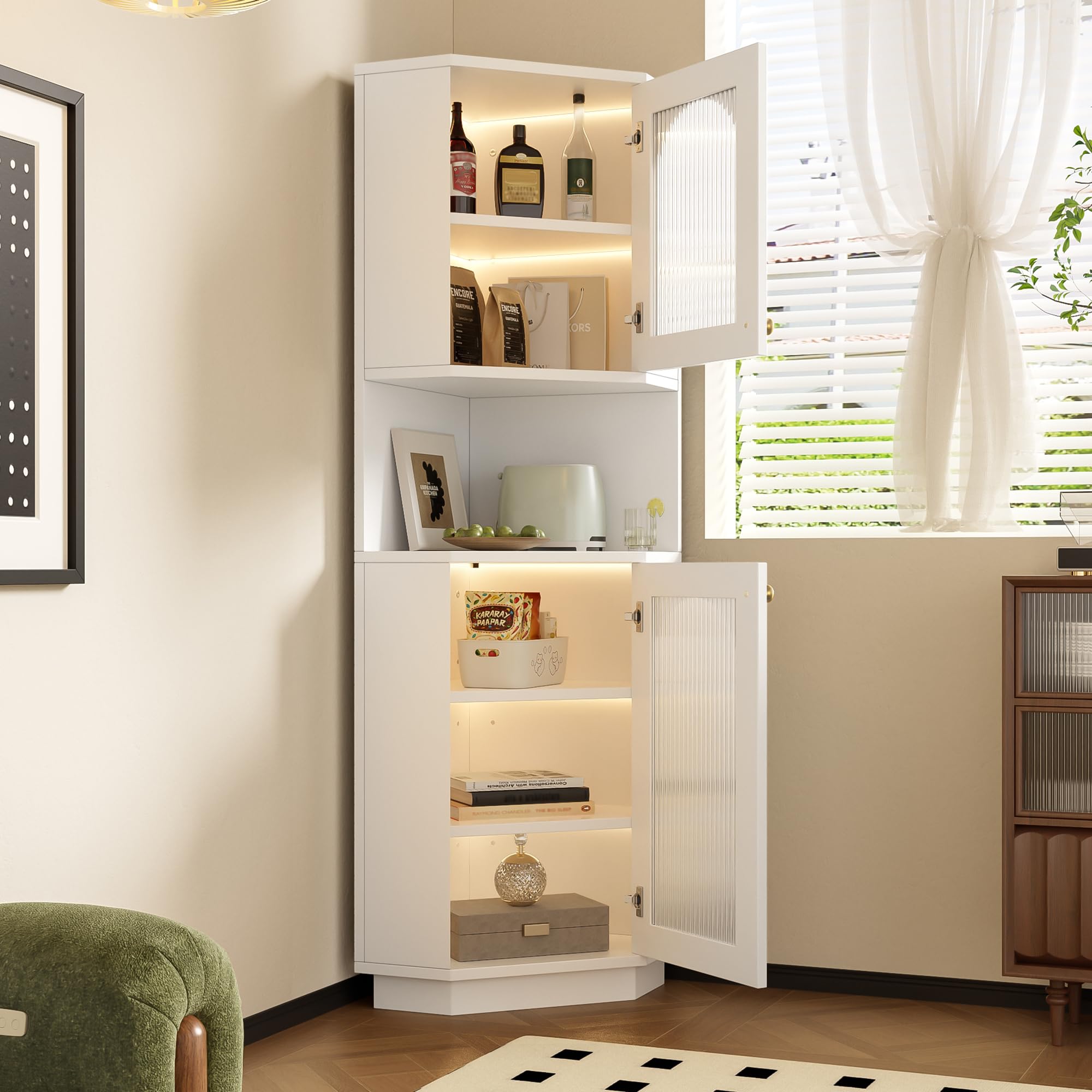Armario esquinero con barra de luz, mueble de baño, 2 estantes, compartimento abierto, estantes ajustables, 45 x 45 x 166,5 cm, color blanco