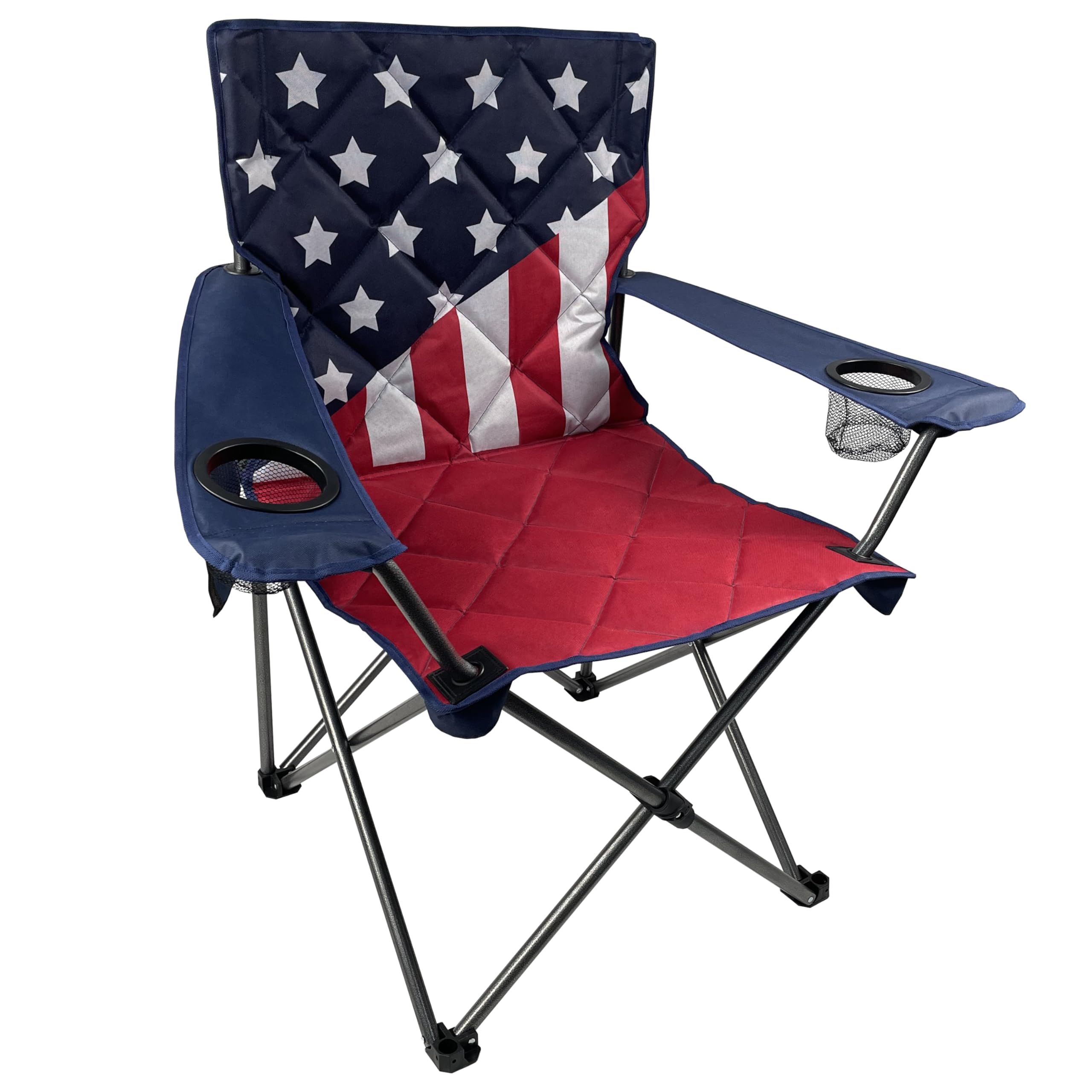 Black Sierra XL American Flag Camping Chair – Oversized Patriotic Foldable Outdoor Seat with Padding, Dual Cup Holders, Heavy-Duty Frame Supports 300