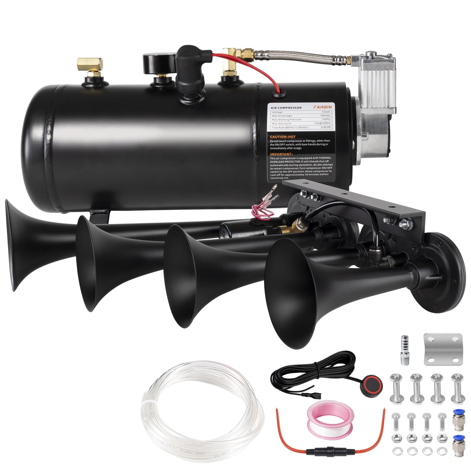 Super Loud Train Horns Kit,180dB Four Trumpet Truck Horns with 150 PSI Air Tank,12V Air horn with 0.8 gallon Air Compressor Can for Truck, Jeep,Pickup,SUV (Black truck parallel horn kit)