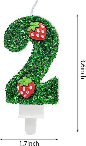Miniatura 2 de Velas de cumpleaños 2, vela de número verde con fresa, linda vela de número de cumpleaños para suministros de fiesta de tartas, vela número 2