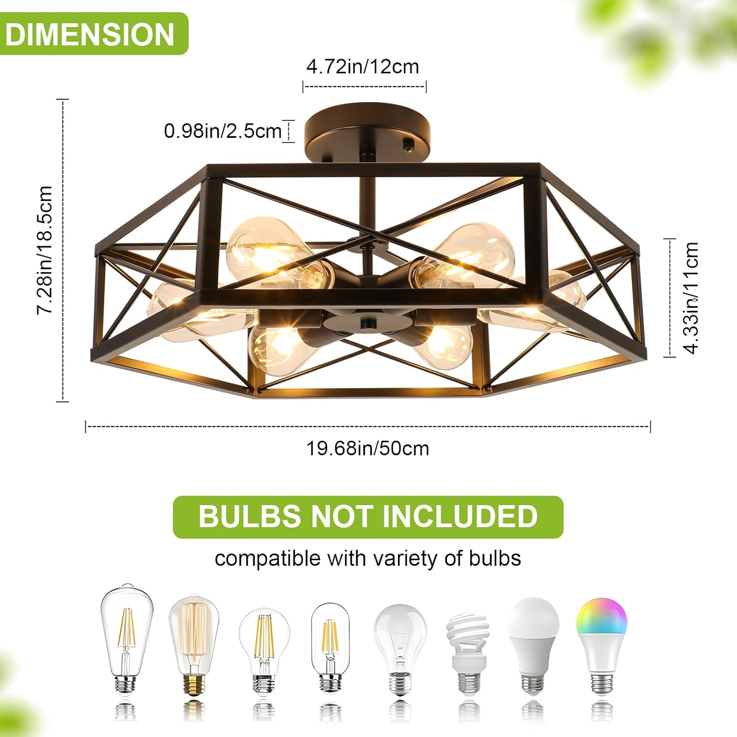 WILON Semi Flush Mount Ceiling Light, Industrial 6 Light Close to Ceiling Light Fixture, Black Dining Room Light Fixture Farmhouse Chandelier for Kitchen Hallway Bedroom Living Room(E26 Socket)