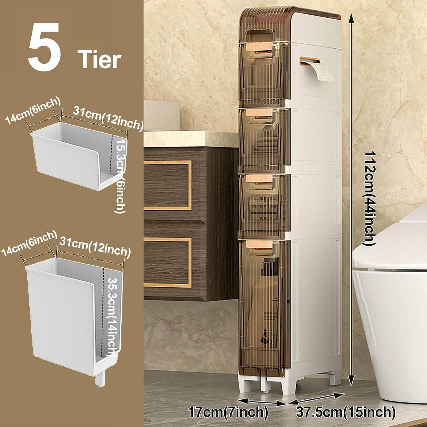 Badezimmerschrank, schmal, wasserdicht, Kunststoff, mit Türen und Feststellrollen, ideal für Toilettenpapier, Küche und Waschküche, Nizat 5. Etage Seitenturm
