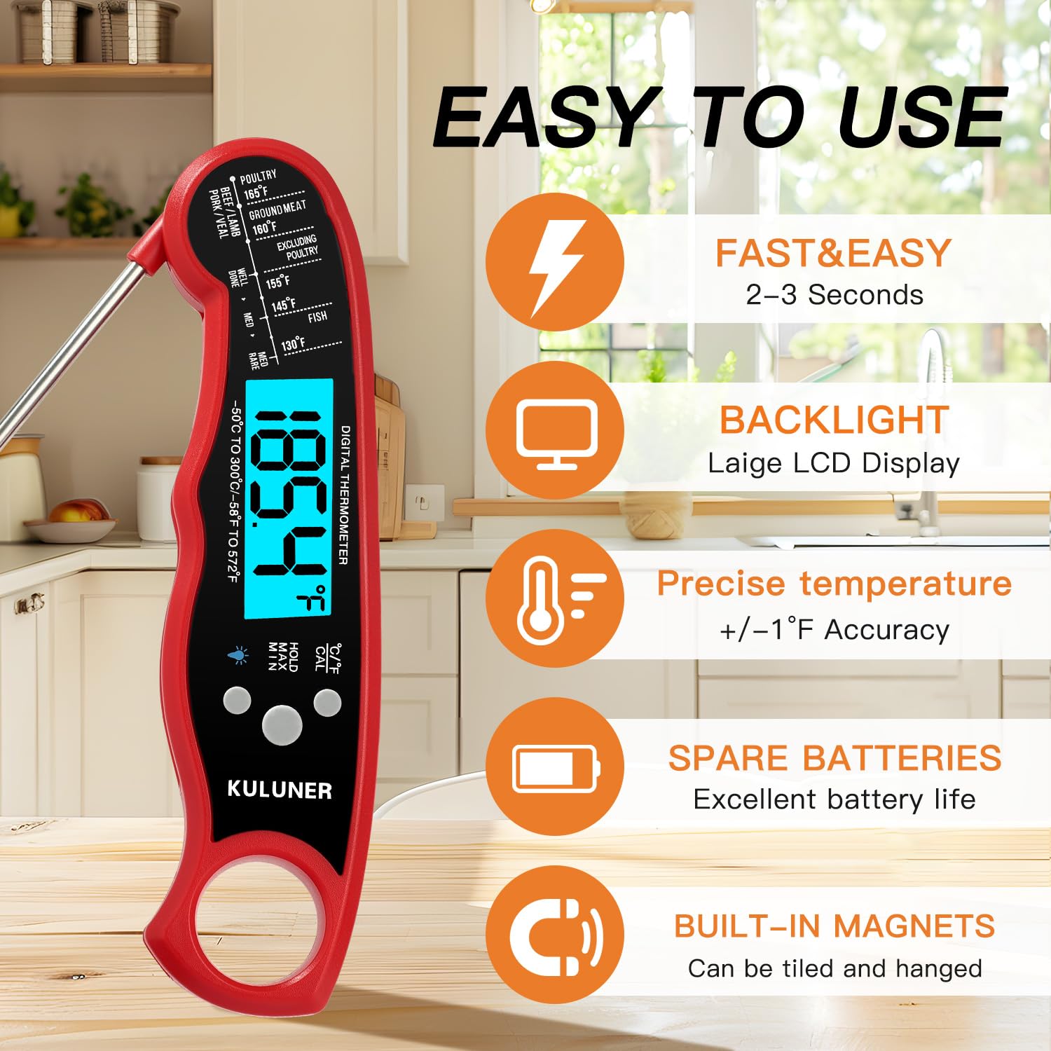 KULUNER Instant Read Meat Thermometer - 0.6 Second Reading, IP67 Waterproof, Flip Display For Grilling & Cooking