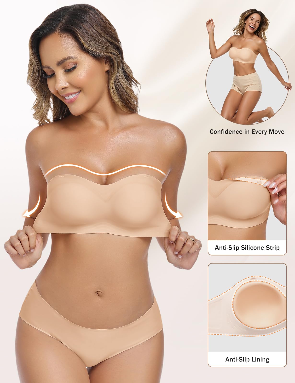 UMIPUBO Sujetador Sin Tirantes Mujer Sin Aros Push Up Invisible Sin Costuras Multiposicion Ajustables Bandeau Top con Relleno y Transparente Extraíbles Tirantes Antideslizante
