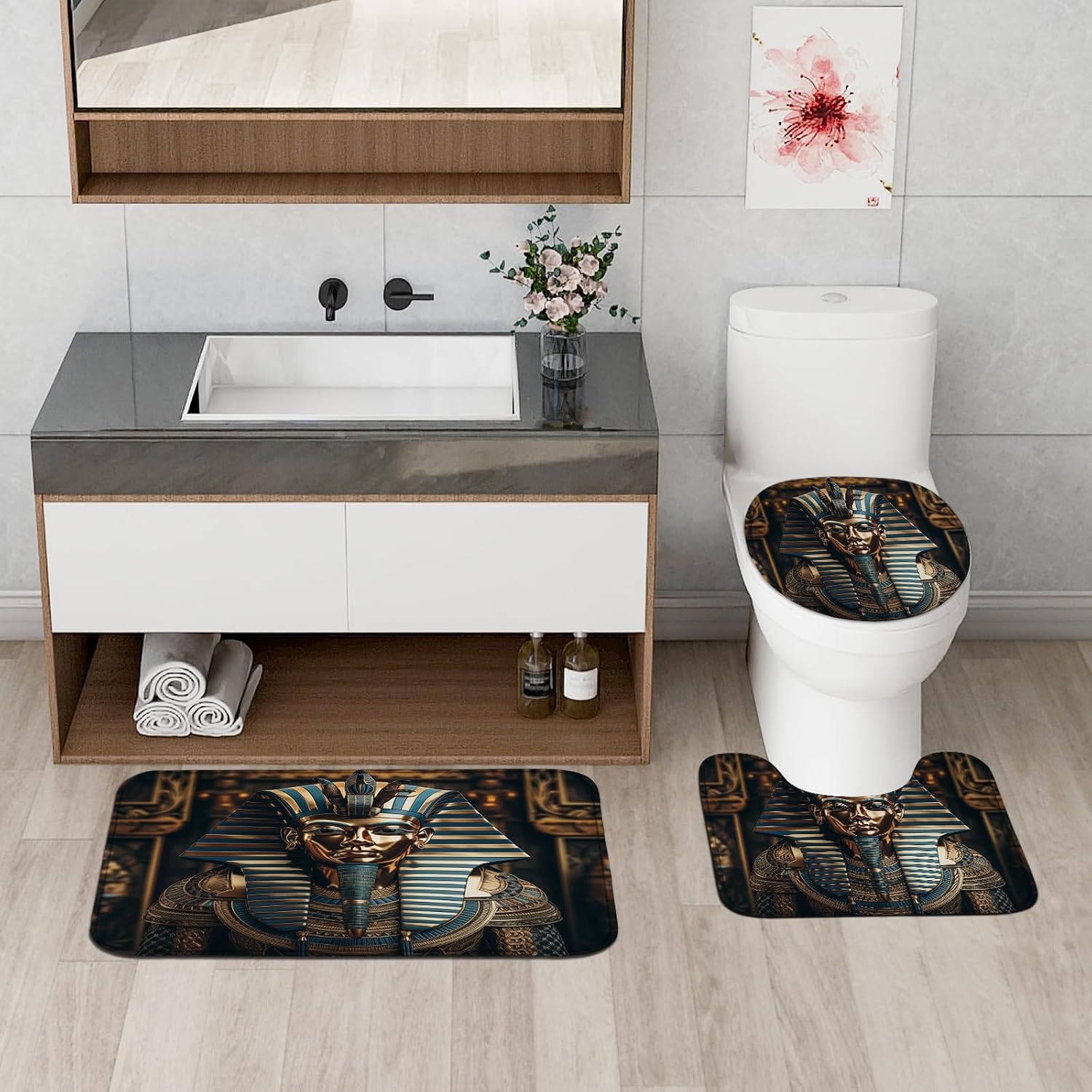 4PCS Egyptian Queen Shower Curtain Sets with Non-Slip Rug, U Shape and Toilet Lid Cover Mat, Ancient History Bathroom Accessory Sets Decor with 12 Hooks, 72 x 72 Inch