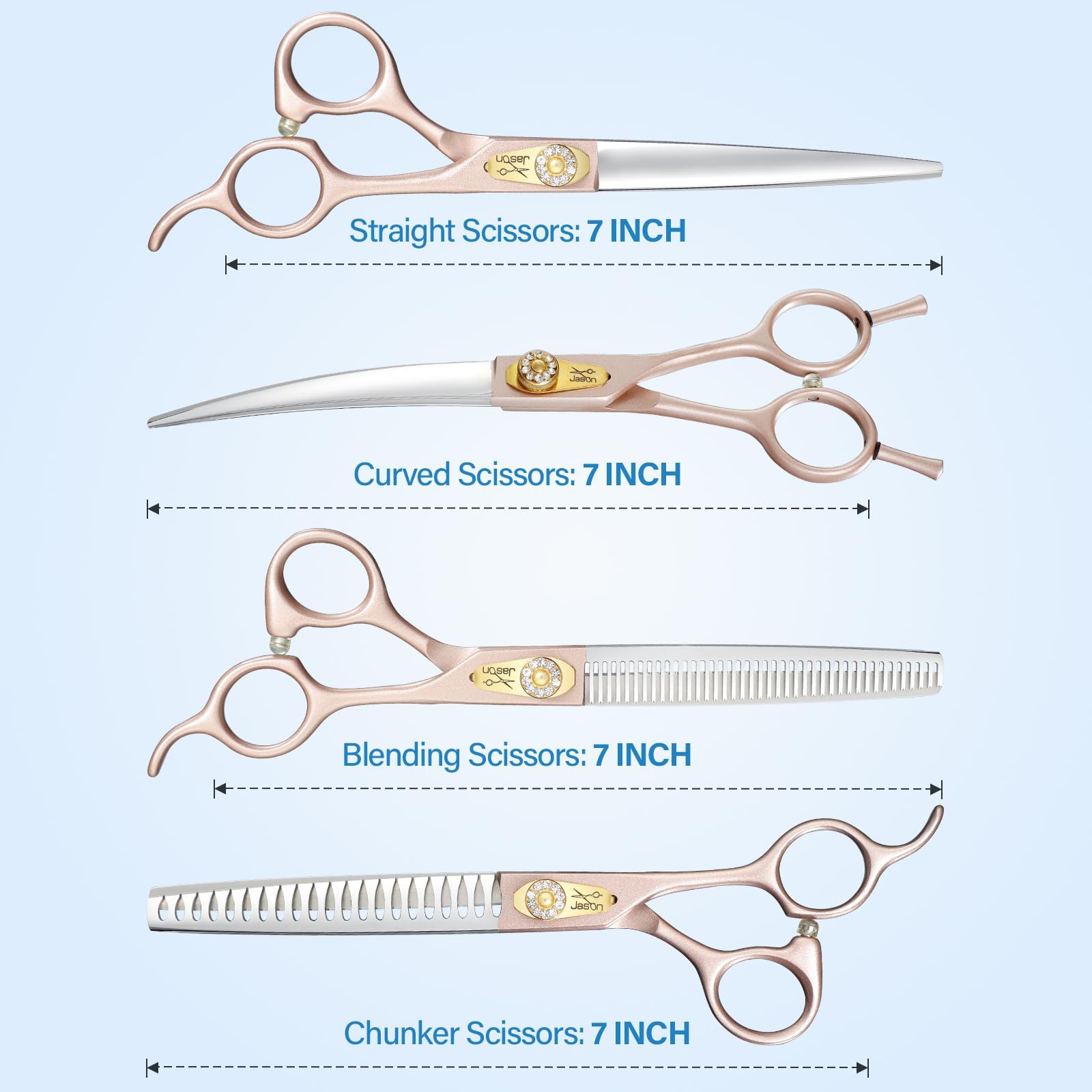 JASON Set di forbici professionali 6 in 1 per la toletta del cane, affilate e resistenti, 17,8 cm, sfoltitori, tronconi, dritte e curve e pettinino per cani, gatti, animali domestici, oro rosa