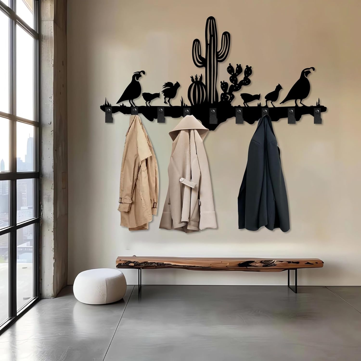Southwest Sonoran Desert Coat Rack, Southwestern Desert Scene Wall Art, Western Cactus Coat Rack, Quail Family in Desert Flat Wall Mount, Hat Hanger for Entryway (Black, 18"x35"|45x90cm)
