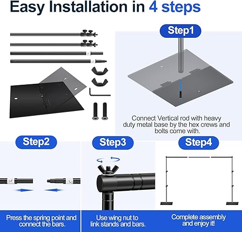 Miniatura 7 de EMART Soporte de telón de fondo, 6.5 x 10 pies ajustable para fondo de fotos y kit de fotografía con base plana de metal resistente para fiestas,