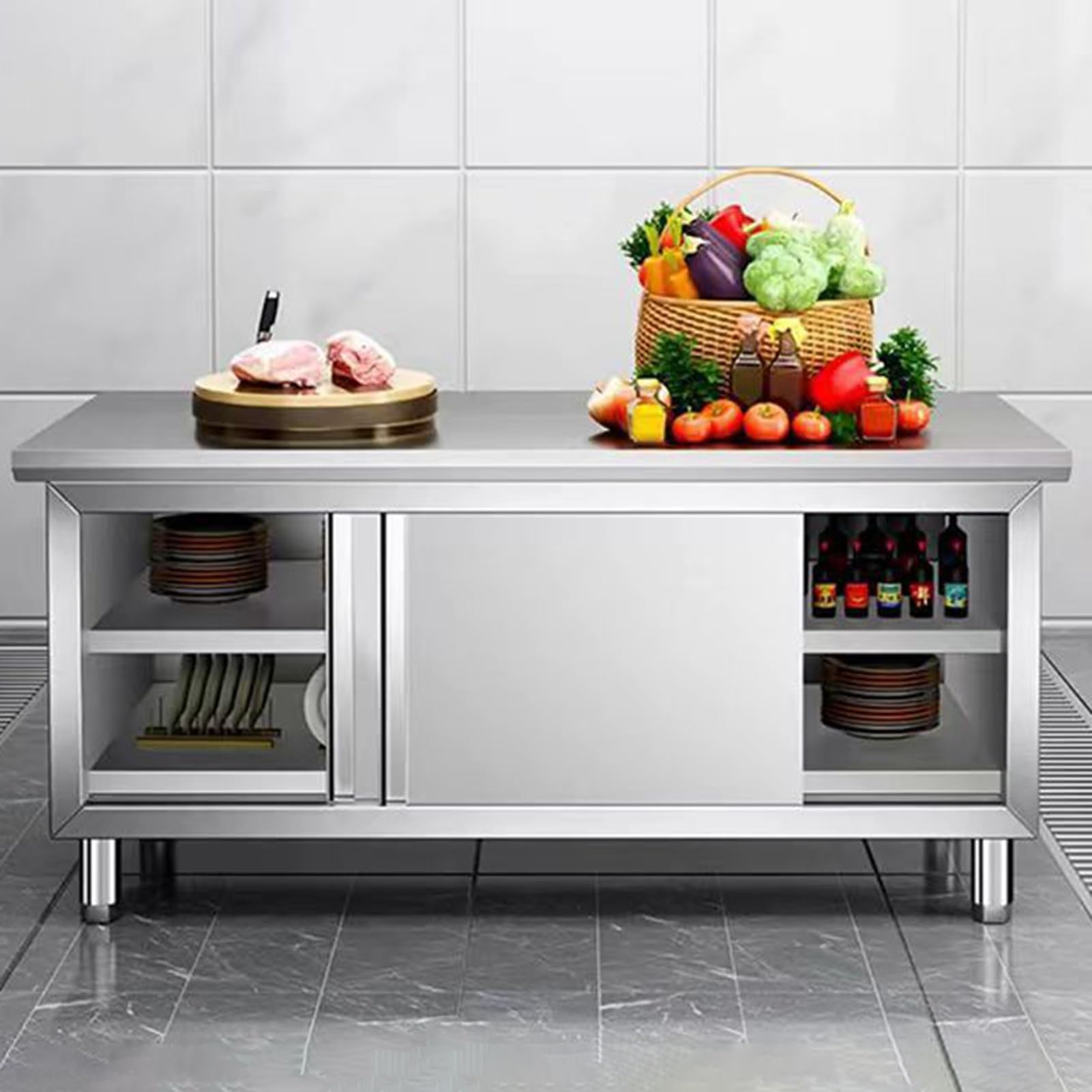 Stół ze stali nierdzewnej do komercyjnego przechowywania w kuchni, zdejmowany stół roboczy z drzwiami przesuwnymi, idealny do użytku w restauracji i garażu, wytrzymała konstrukcja
