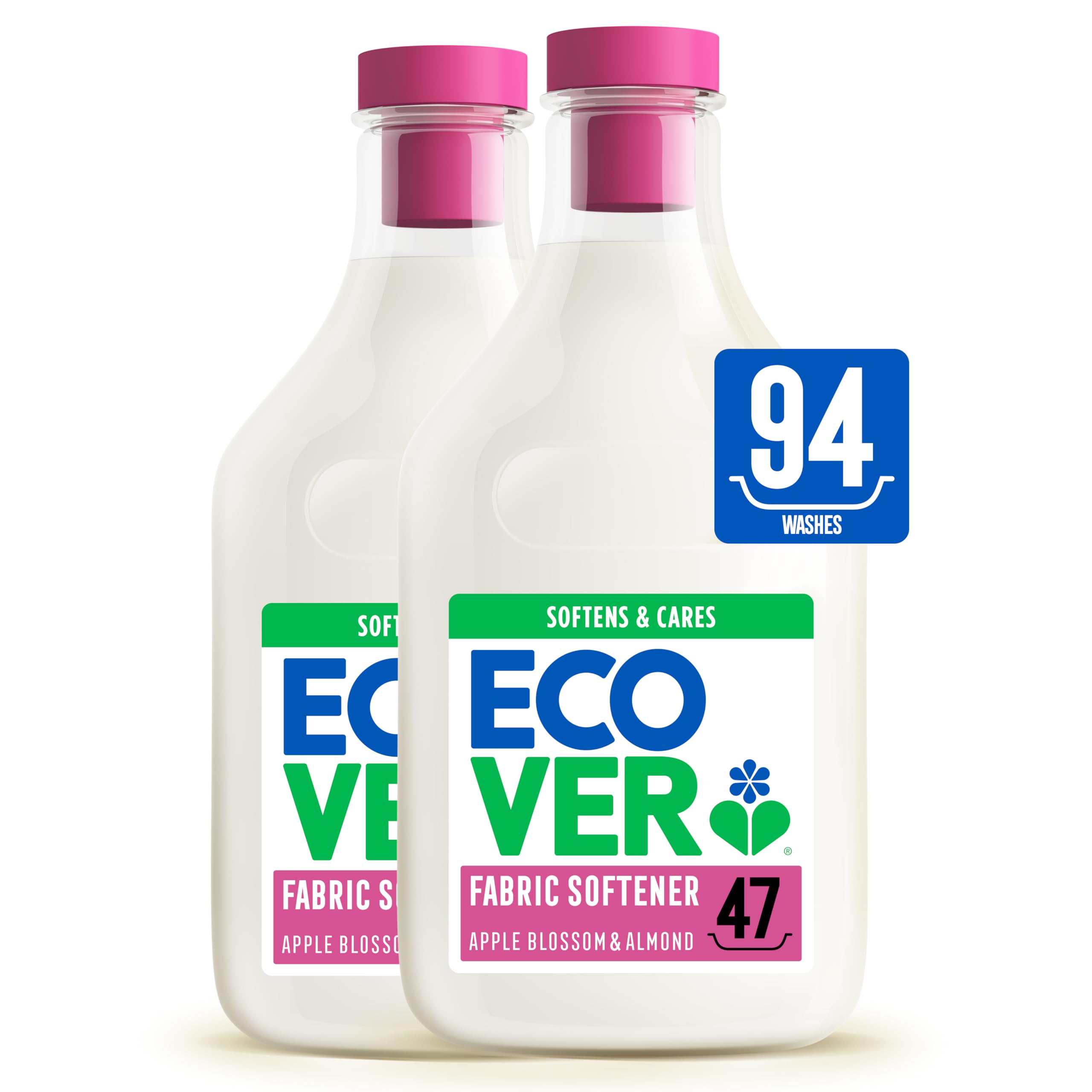 Ecover Fabric Softener, Fabric Conditioner to Soften Your Clothes, Fresh Scent Apple Blossom & Almond, 2 x 47 Washes, 2 x 1.43L