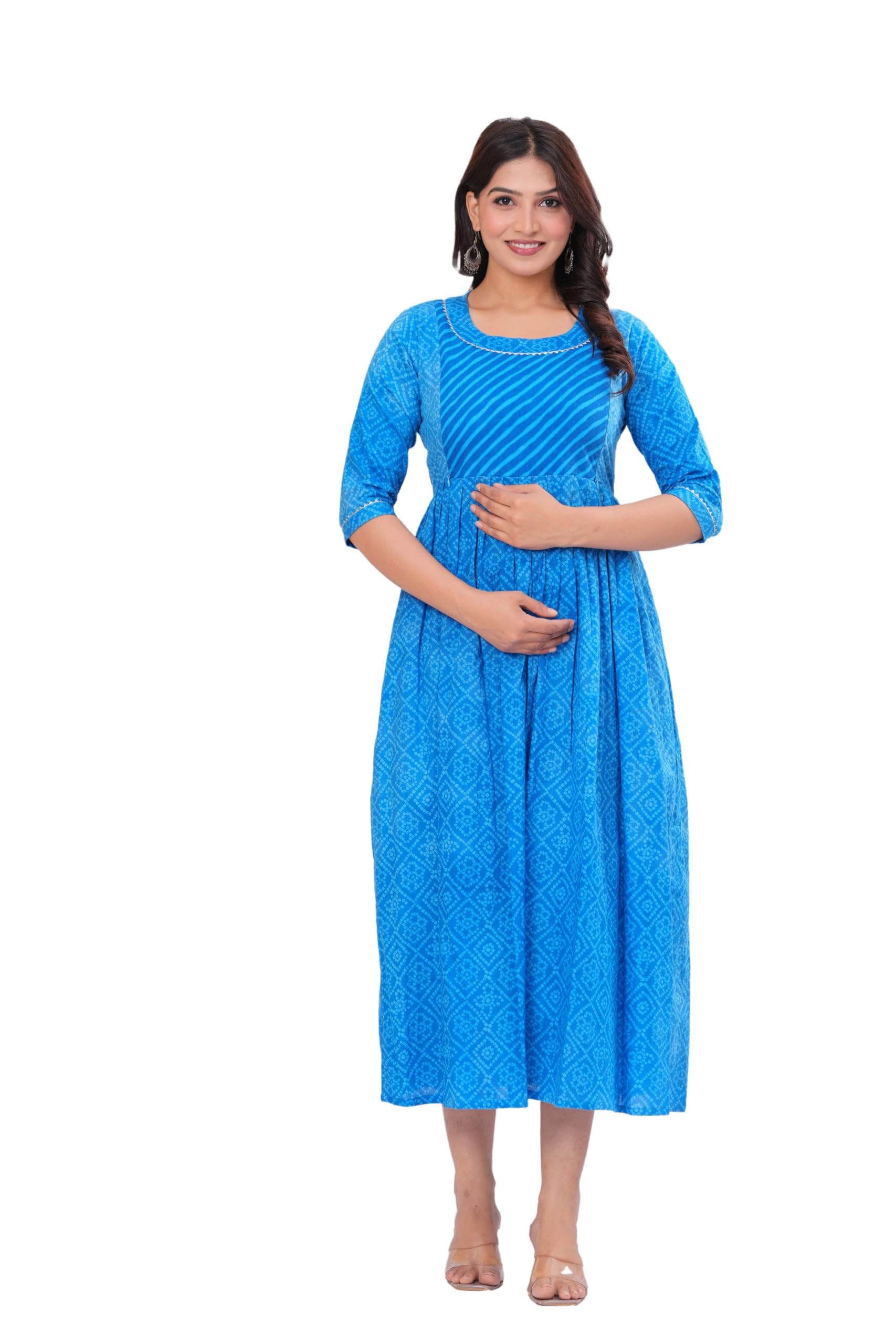 The Moon Star Stylish Floral Anarkali Cotton Maternity Feeding Kurti for Women | Ethnic Zipper Nursing Kurti | Comfortable Pregnancy Wear for Moms (in, Alpha, L, Regular, Blue)-image-36