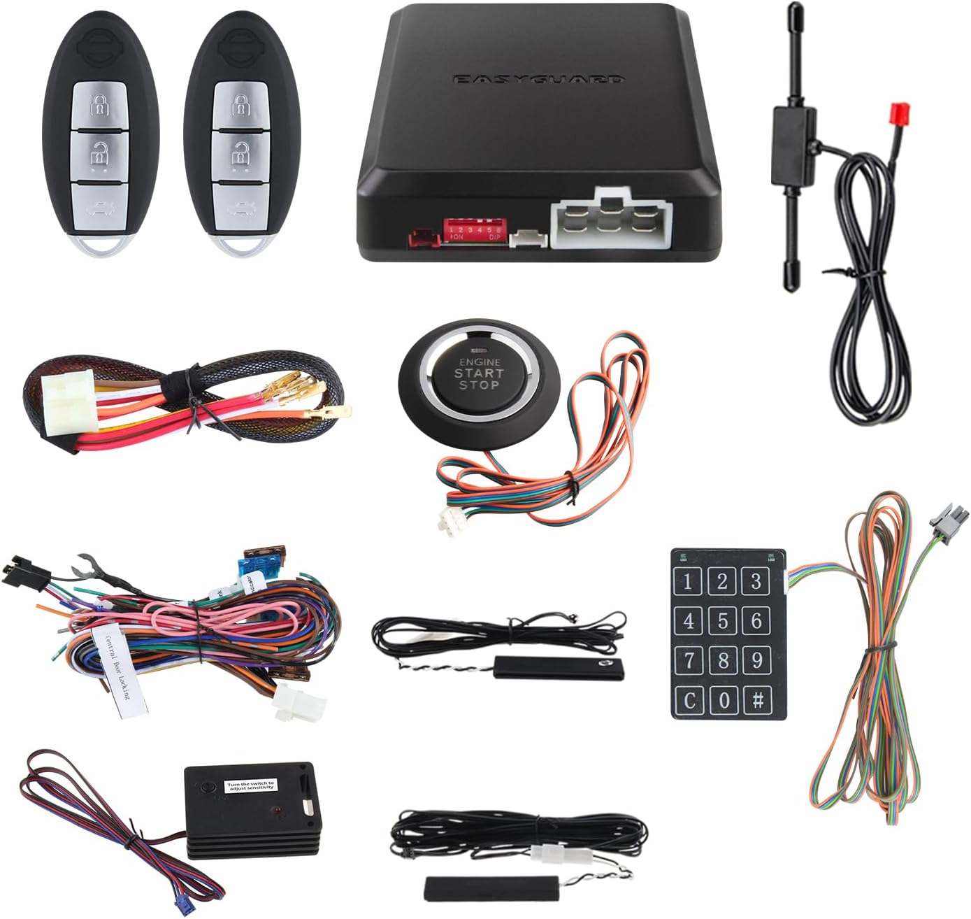 EASYGUARD EC002-NI-NS FSK Technology Rolling Code smart Key pke car Security Alarm System with Passive keyless Entry auto Start Stop keyless go & Touch Password Entry Backup