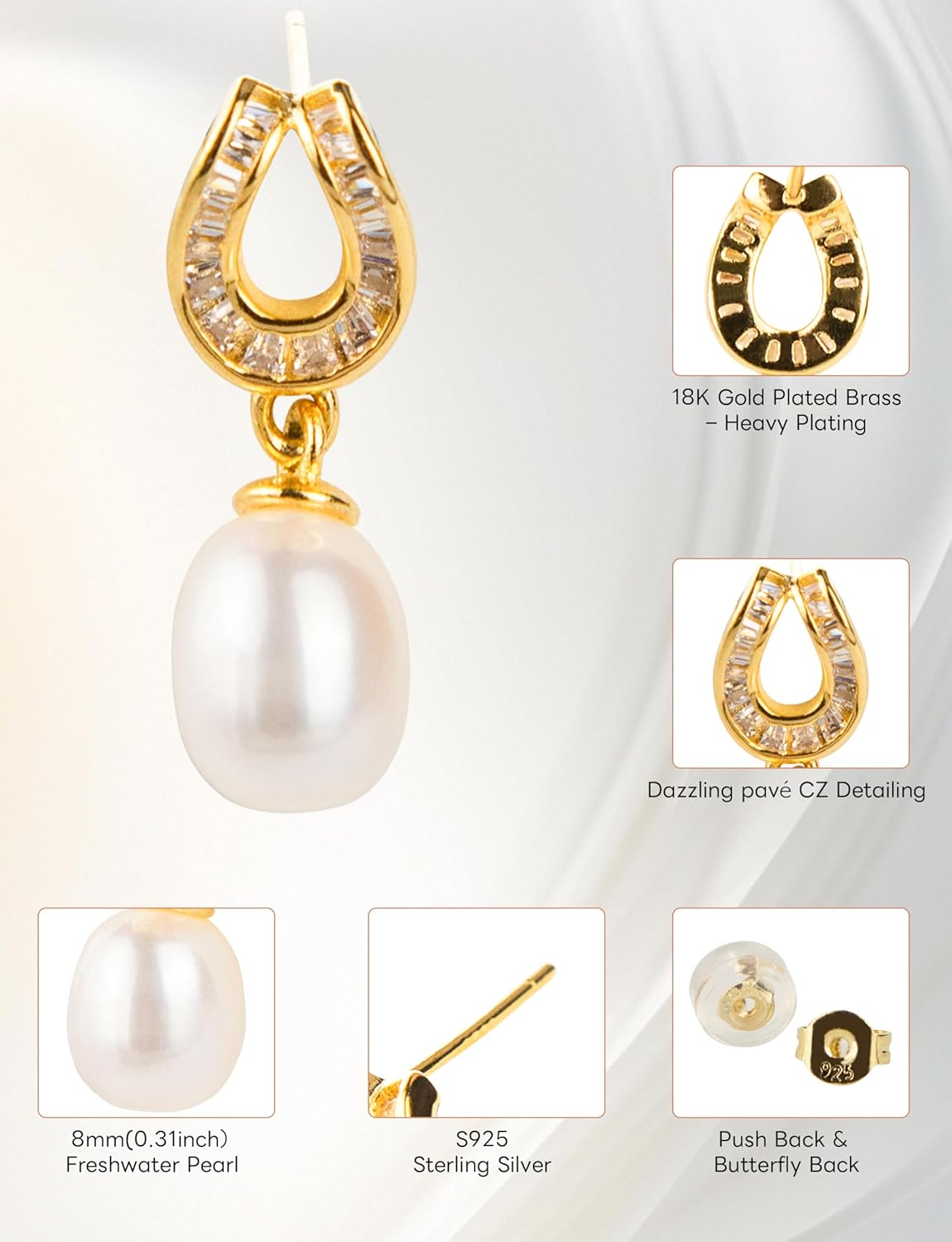 Pearl Drops Dangle Earrings for Women – Hypoallergenic Sterling Silver Studs with Cubic Zirconia Accents, Elegant Real Cultured Freshwater Pearls Perfect for Daily Wear and Christmas Gifts - Image 3
