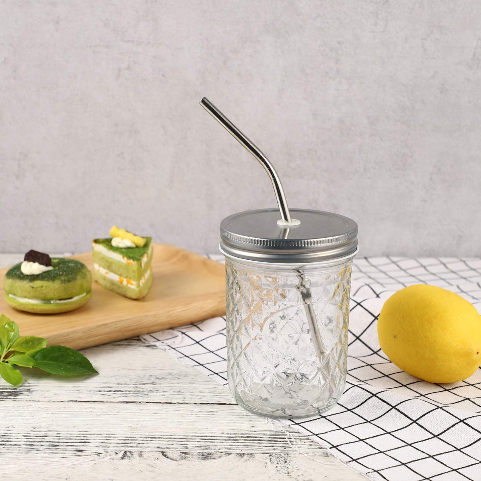 Cabilock Barattolo con Cannuccia 500ml in Vetro e Acciaio Inossidabile, Design a Losanga Confortevole e Antiscivolo, per Tè e Bevande in Soggiorno o Ufficio