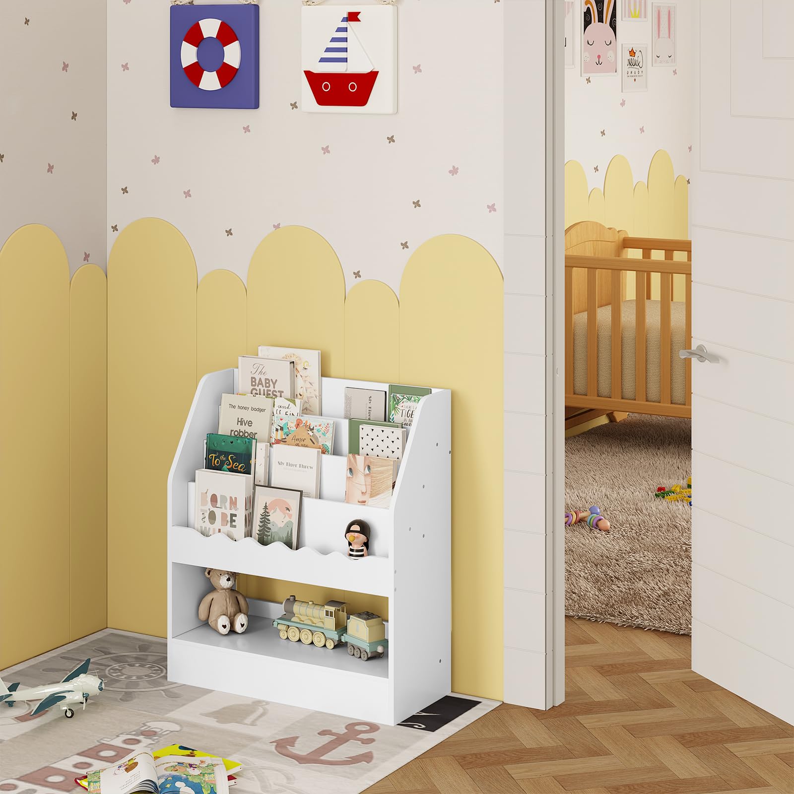 WOLTU Bibliothèque Enfant, Rangement Jouet Enfant, à 5 Niveaux, en MDF, Blanc, 70x30x80cm