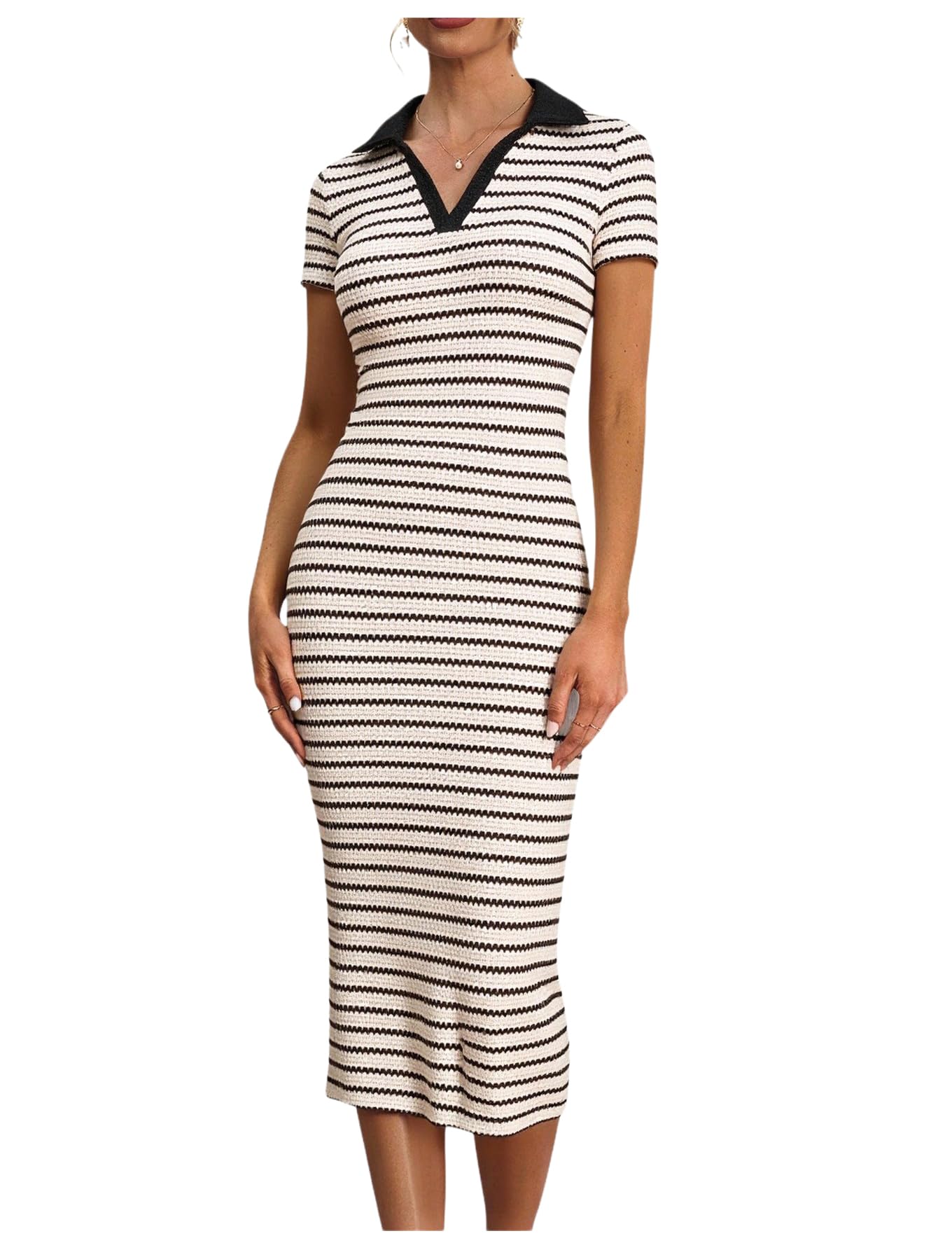 Womens Striped Crochet Dress Summer Collar V Neck Bodycon Maxi Dresses Work Office Outfits