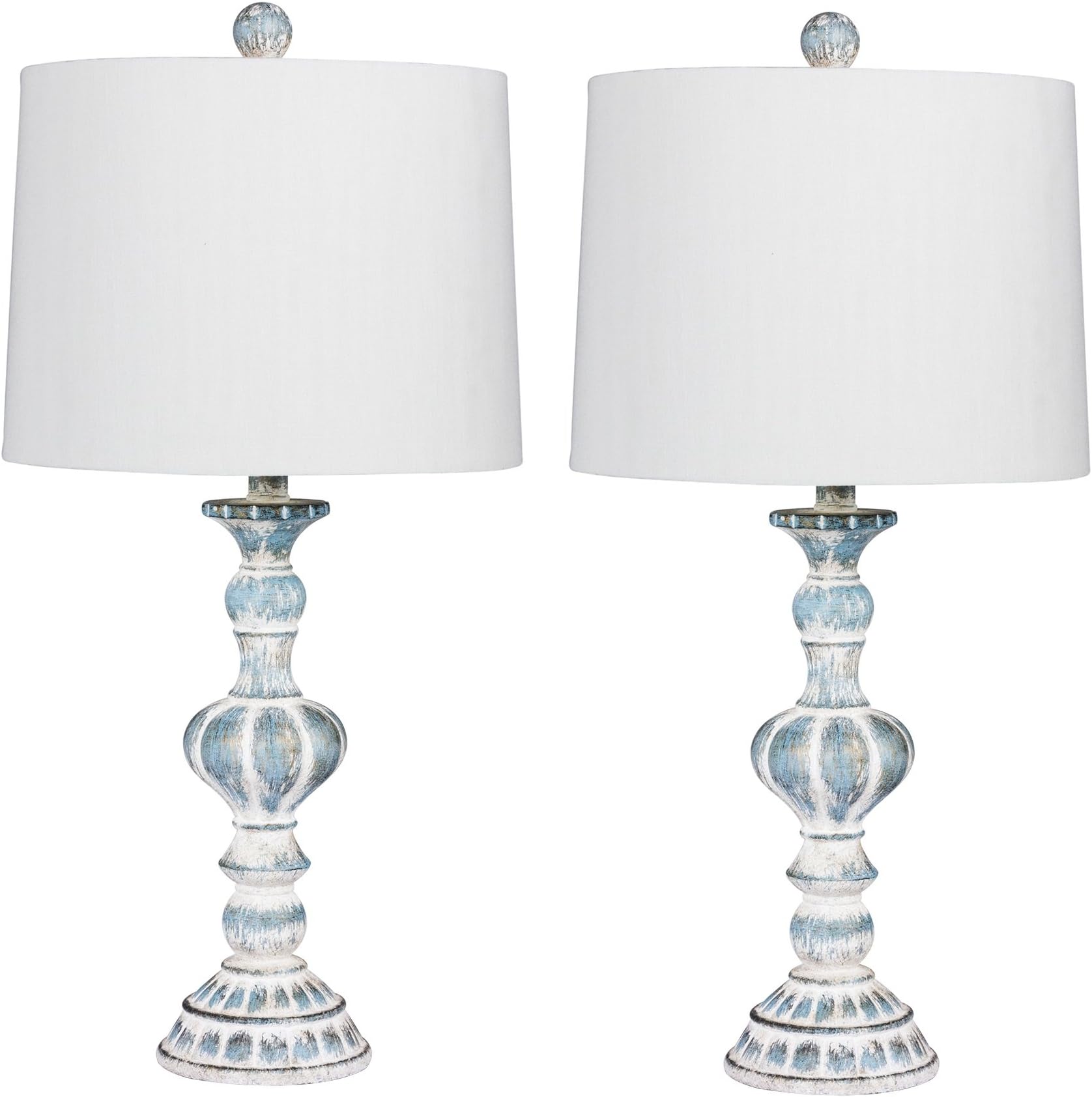 Cory Martin W-6238CABL-2PK Fangio Lighting's #6238CABL-2PK Pair of 26.5 in. Distressed, Sculpted Candlestick Resin Table Lamps in a Cottage Antique Blue Finish, 2 Piece