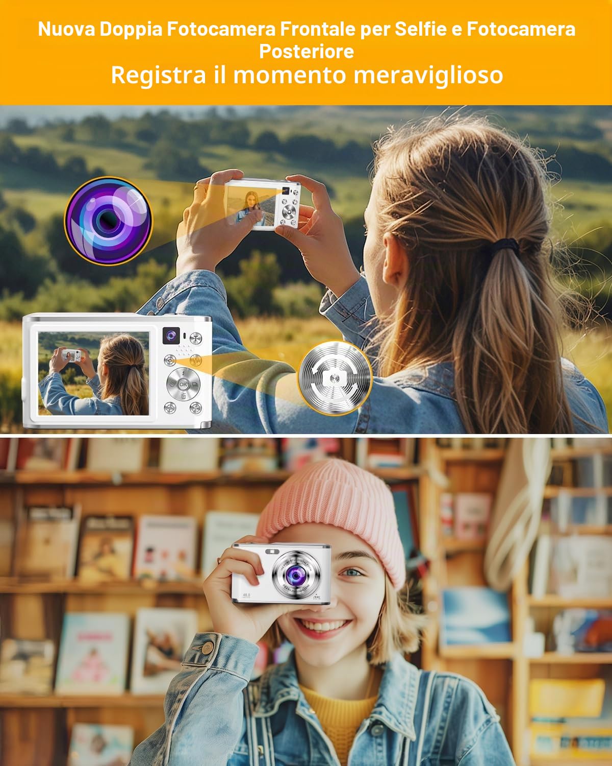 Fotocamera Digitale 4K 48MP Autofocus Per La Fotografia Compatta Con Doppia Fotocamera Anteriore E Posteriore, Fotocamera Point And Shoot Con Zoom Digitale 16X, Scheda TF 32GB E 2 Batterie-Bianco