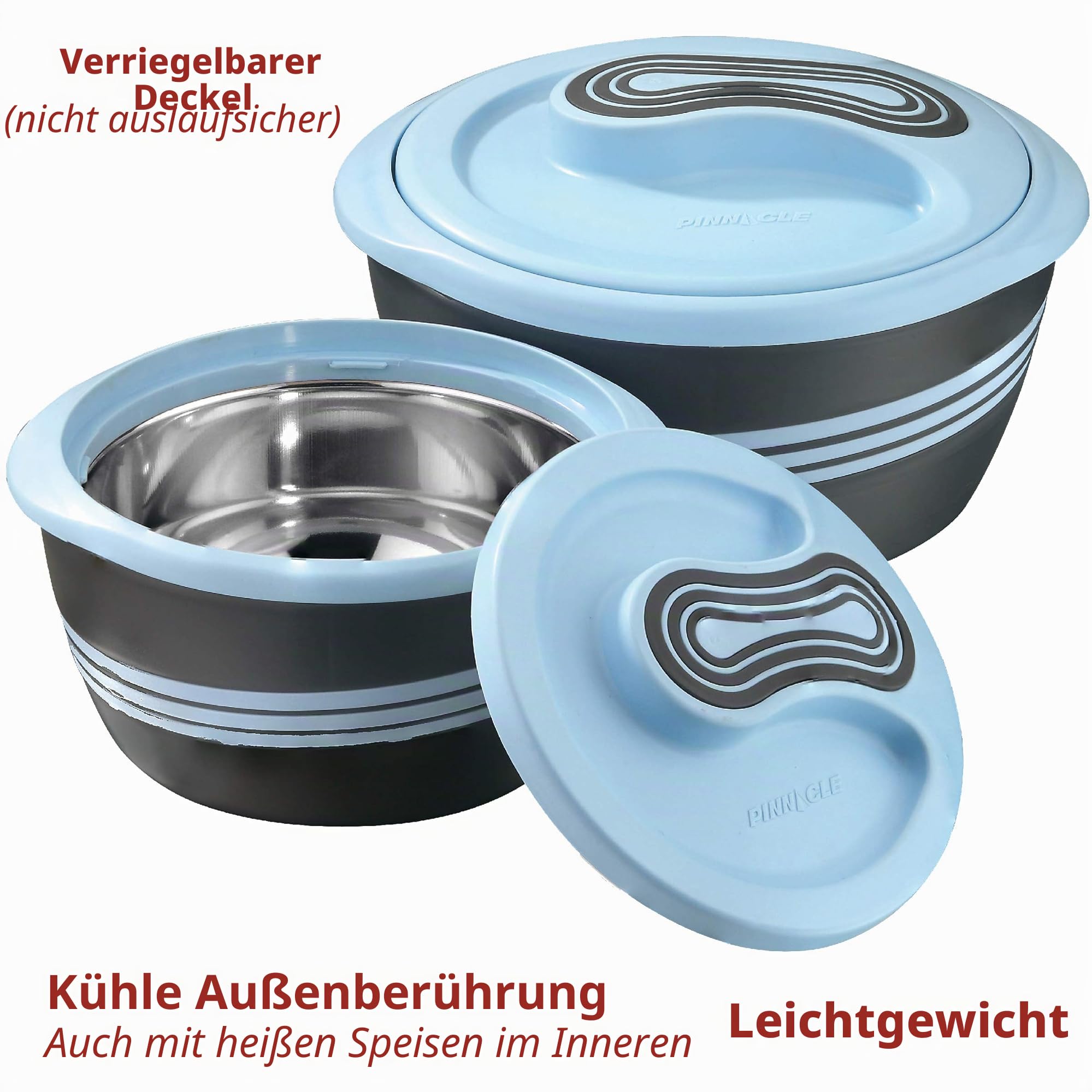Pinnacle Thermoschüssel mit Deckel 3tlg. Set 2,5 l /1,4 l /0,95 l - Edelstahl - Warmhaltbehälter Essen, Salatschüssel - für Heiße Speisen - Blau