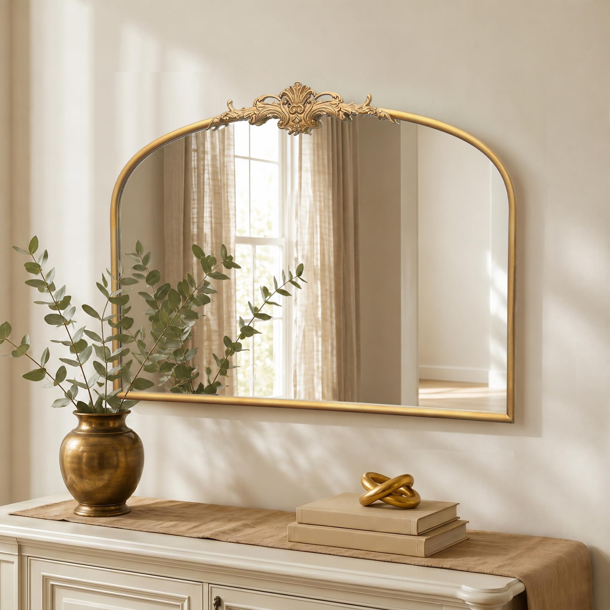 Besdomus Antique Arched Gold Mirror: 80x60cm French Large Gleaming Gold Antique Wall Mounted Mirror - Baroque Traditional Ornate for Fireplace/Bathroom/Bedroom - Wall Decor for Homemakers