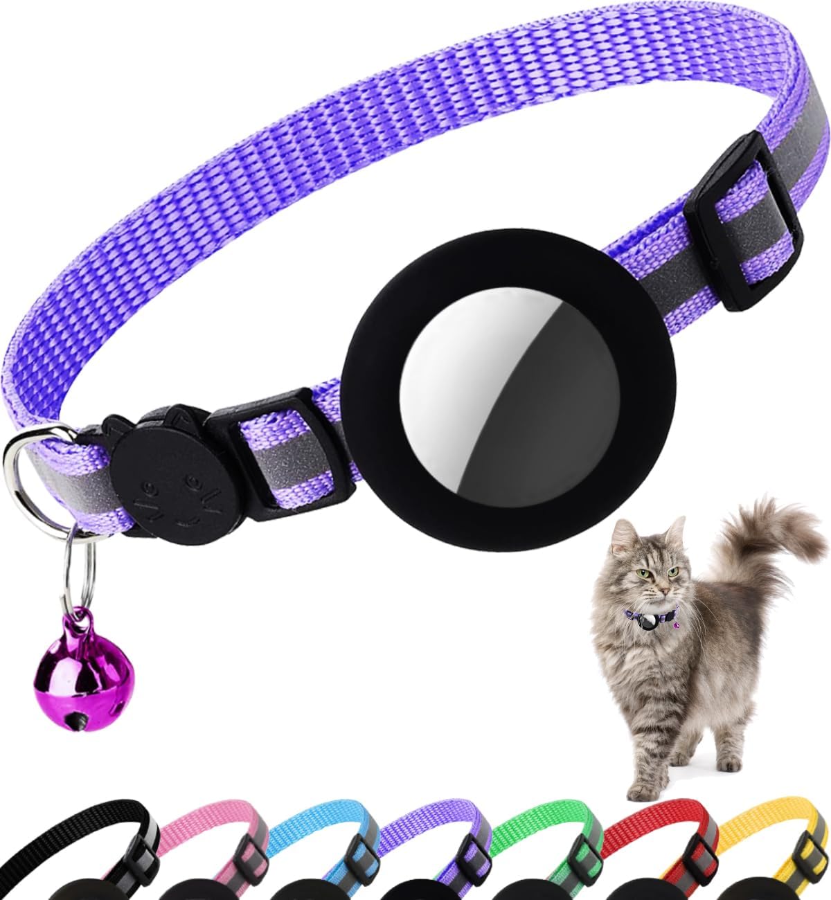 Airtag Cat Collar Breakaway, Reflective Kitten Collar with Apple Air Tag Holder and Bell for Girl Boy Cats, 0.4 Inches in Width and Lightweight(Purple)