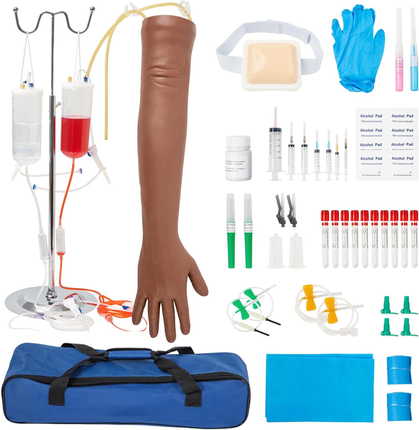 Alcedo Phlebotomy Practice Kit, Complete Venipuncture and Injection IV Practice Essentials, Realistic Training Arm with Stand & Carry Bag, Dark Arm, Education Use Only for Medical Students and Nurses Dark Skin Tone