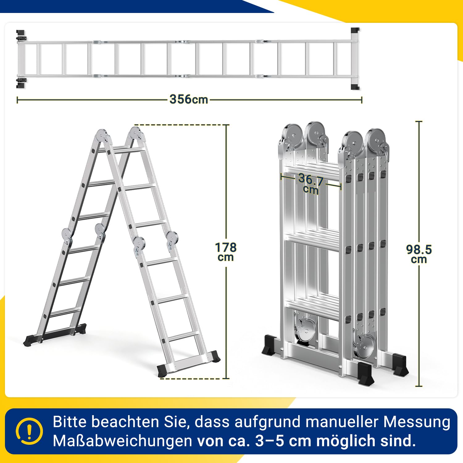 Scala multiuso in alluminio, 4 x 3, 12 pioli, 3,6 m