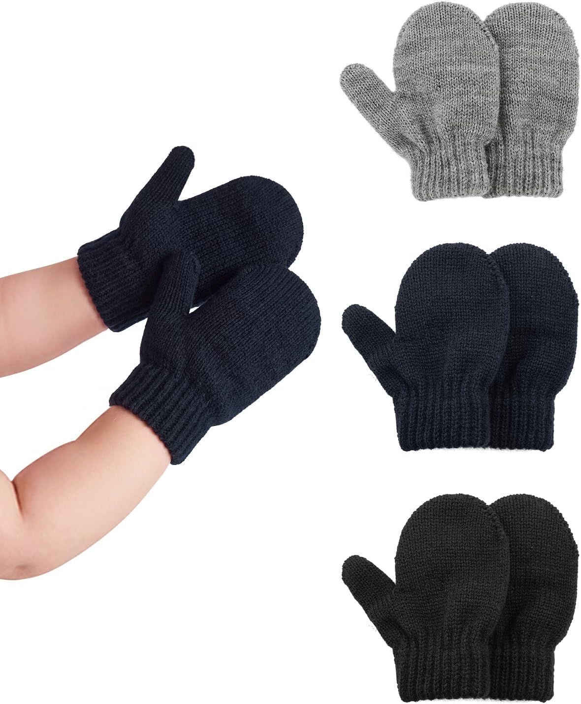Komorebi 3 Pairs Toddler Mittens Winter Kids Soft Knit Baby Gloves Thick Warm Infant Mittens for Boys Girls Age 1-4T