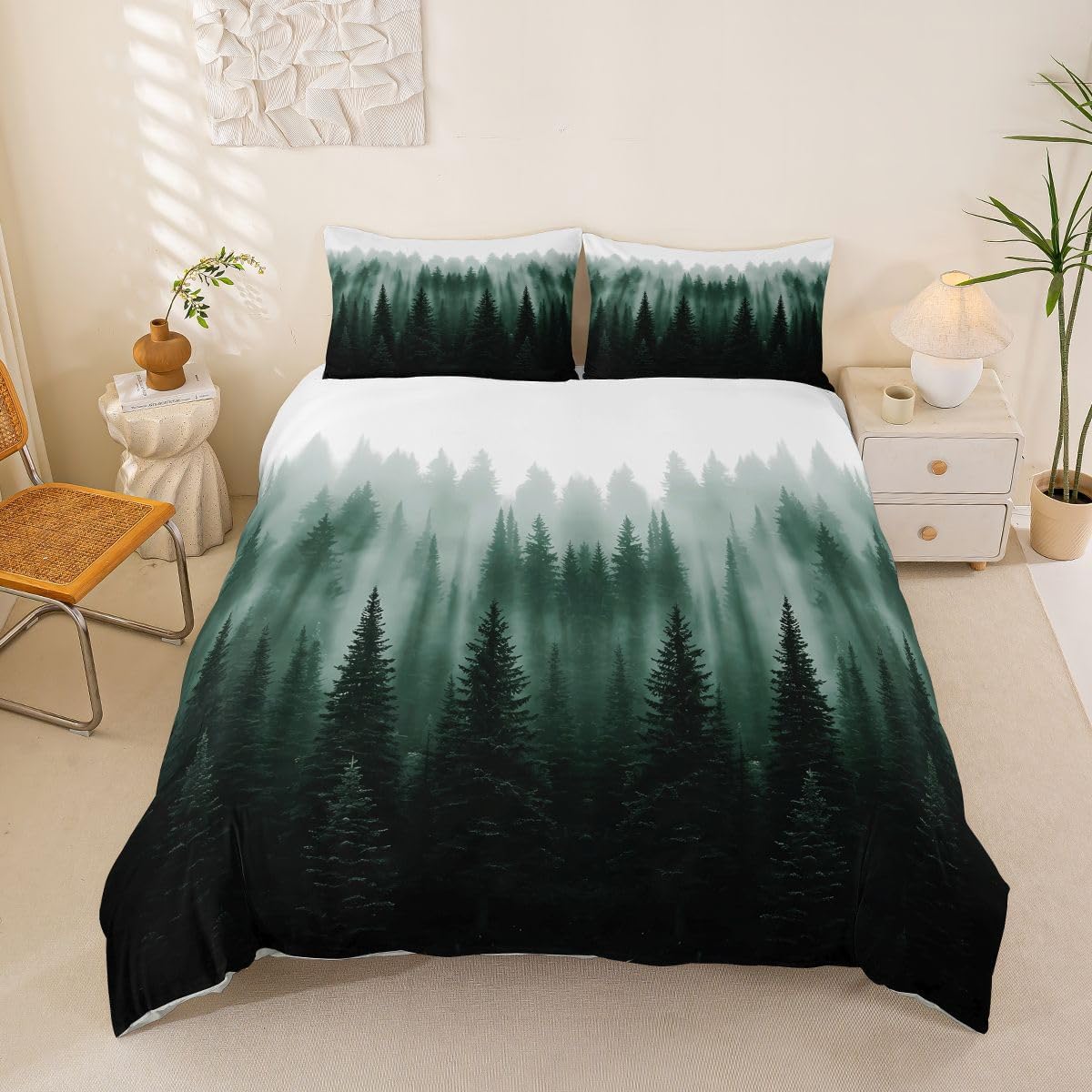 Forest Landscape Duvet Cover Toddler Size For Girls Gray Nature Misty Pine Tree Bedding Set Foggy Rustic Woodland Comforter Cover For Kids Teens Youth Women Room Country Farmhouse Bed Sets, Breathable
