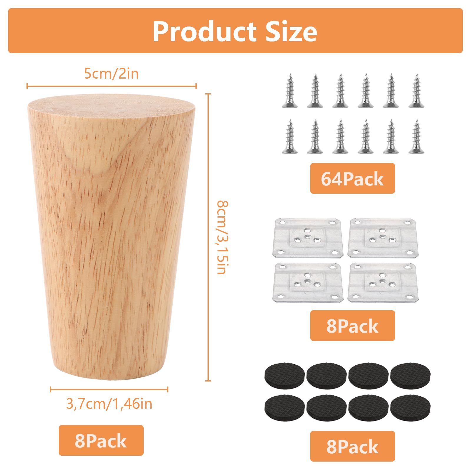 AKOLAFE 8 Stück Möbelfüße Rund 8cm Kallax Füße Holz Möbelbeine Eiche Mit Montageplatte Und Schrauben Robuste Tischbeine Schwerlaste Schrankfüße Für Sofa, Bett, Stuhl, Tisch