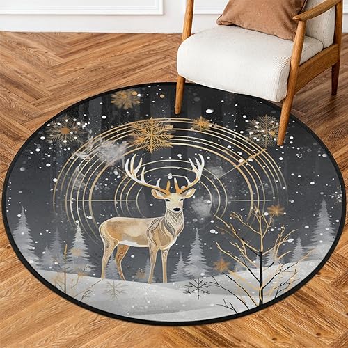 Christmas Tree Animal Reindeer Snowflakes (3) Round Area Rug 3ft Machine Washable Circular Rugs for Dining Room Table Bedroom Playroom Throw Rugs