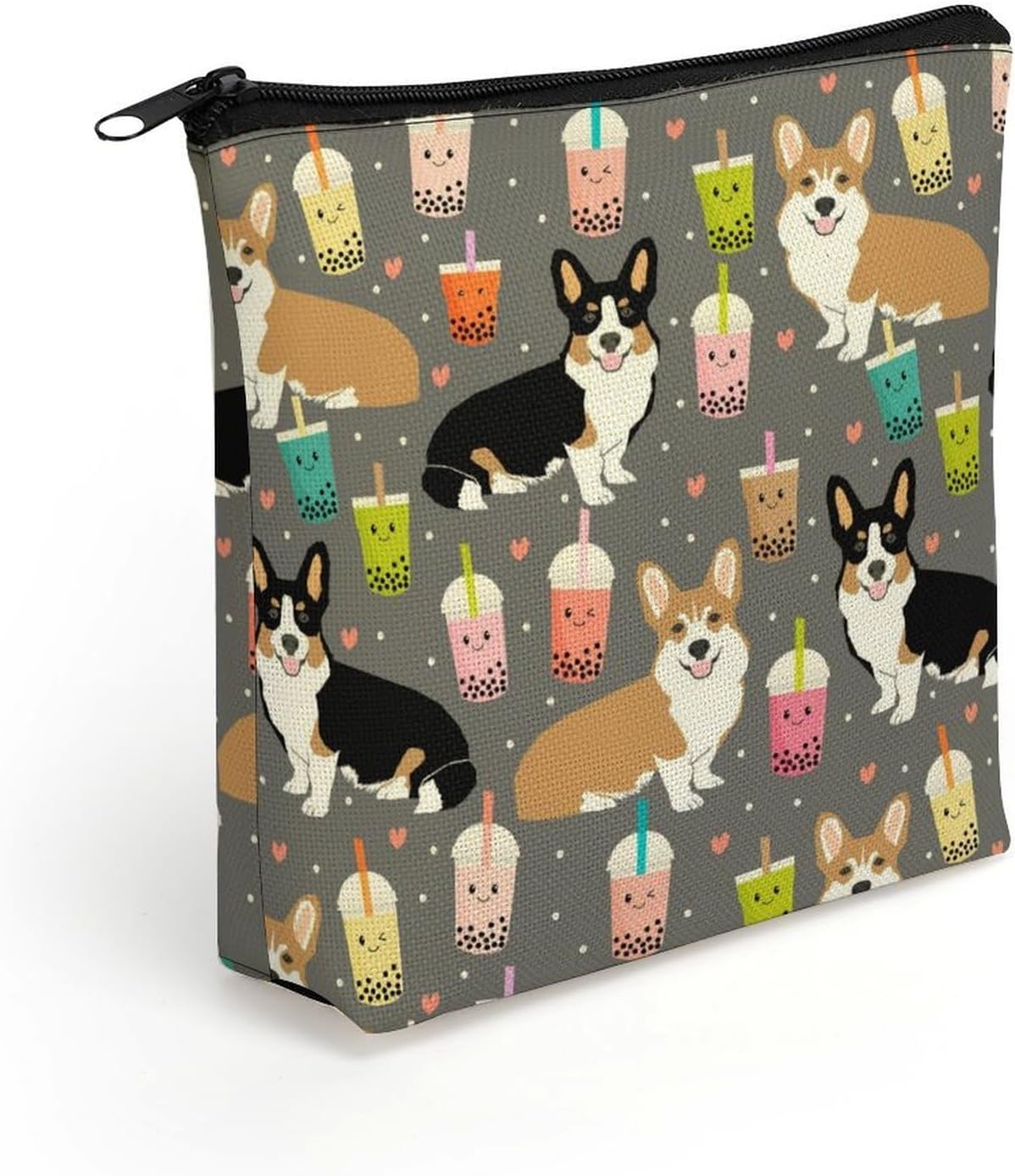 Cute Corgi Pet and Milk Tea Linen Cosmetic Pouch with Secure Zipper, Lightweight Washable Multi Purpose Toiletry Storage Bag, Portable Makeup Carry Sack for Holiday Trip Daily Organiser