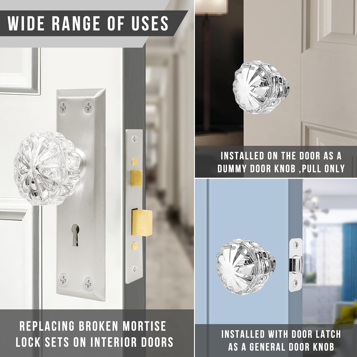 Glass Door Knobs Interior - Vintage Crystal Glass Knobs with Antique Mortise Lock Replacement for Interior Doors, Cabinets, Old-World Style Restorations Brushed Nickel, 2 Pack