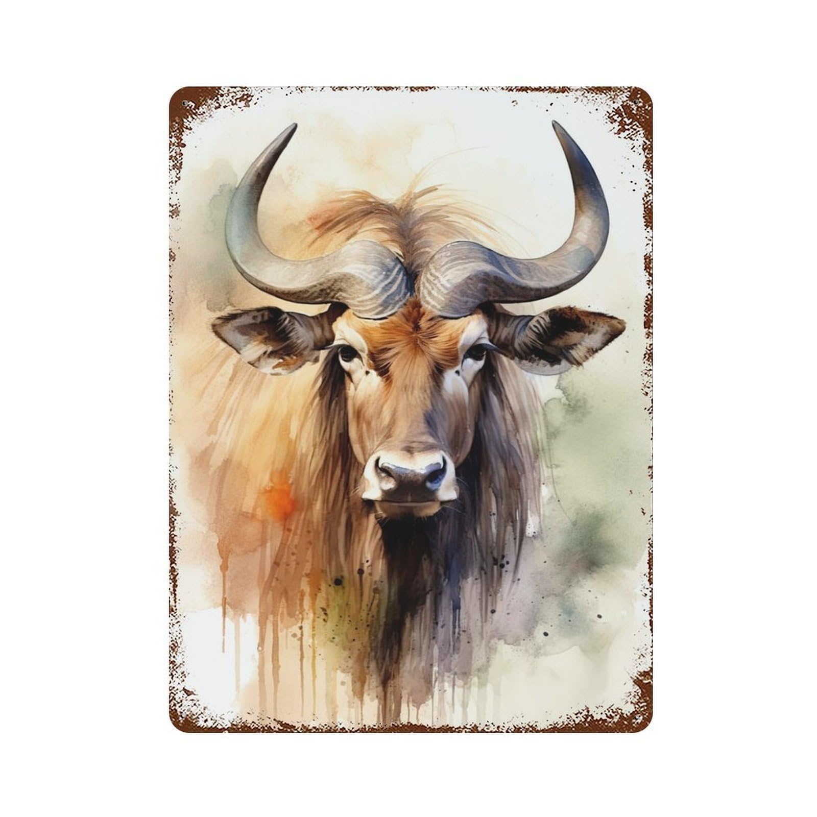 Garage Style Wildebeest Watercolor Vintage Rust Metal Sign 15.7"x11.8", Rustic Home Decor for Bar And Workshop