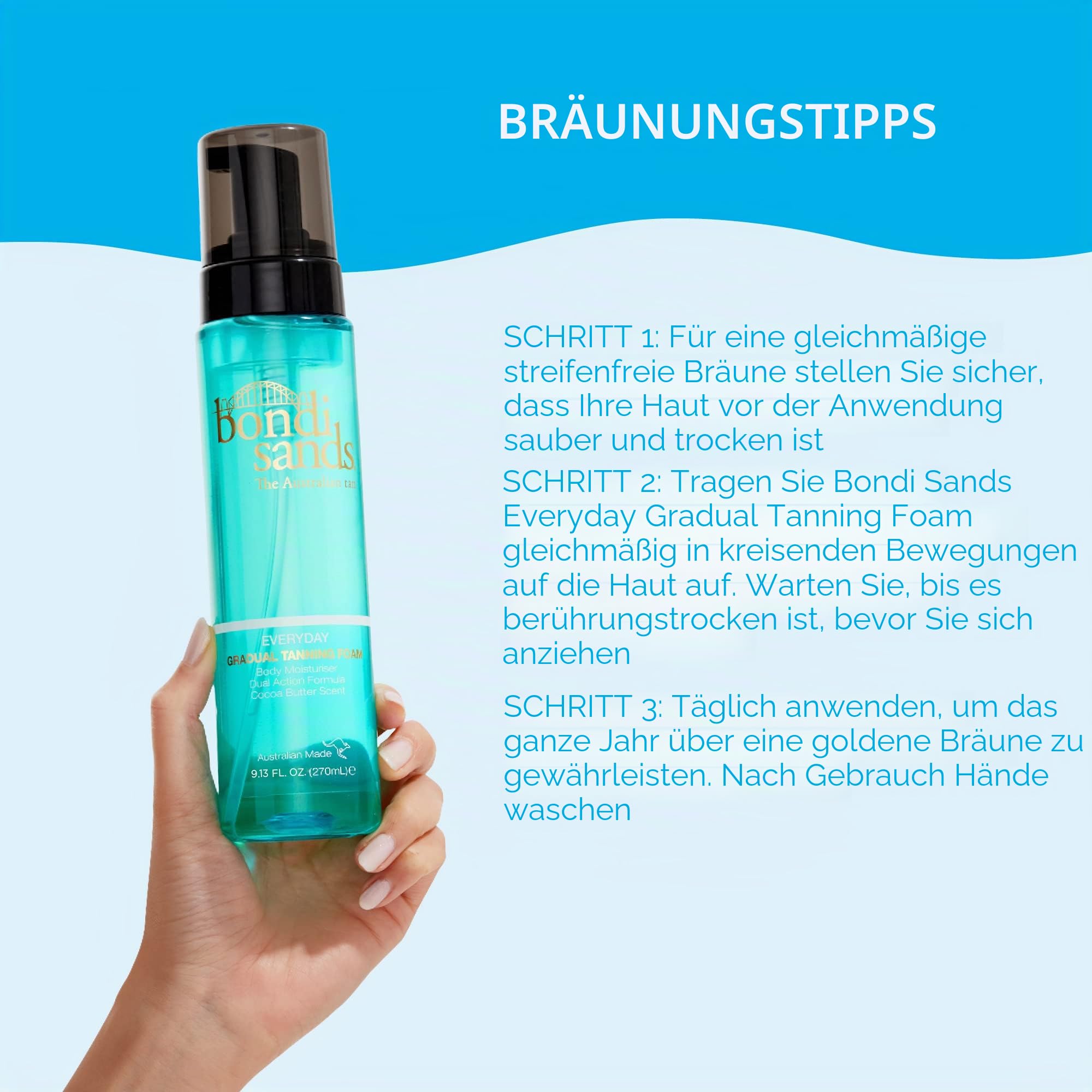 Bondi Sands Everyday Gradual Tanning Foam | Leichter Bräunungsschaum baut einen natürlichen Glanz in 1–3 Anwendungen auf, angereichert mit Aloe Vera, vegan + tierversuchsfrei, Kakaobutterduft | 270 ml
