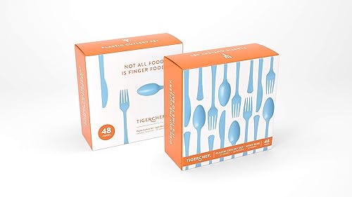 Vista 73 de Tiger Chef - Cubertería de plástico de color resistente, incluye tenedores, cucharas para el té y cuchillos, Transparente Claro