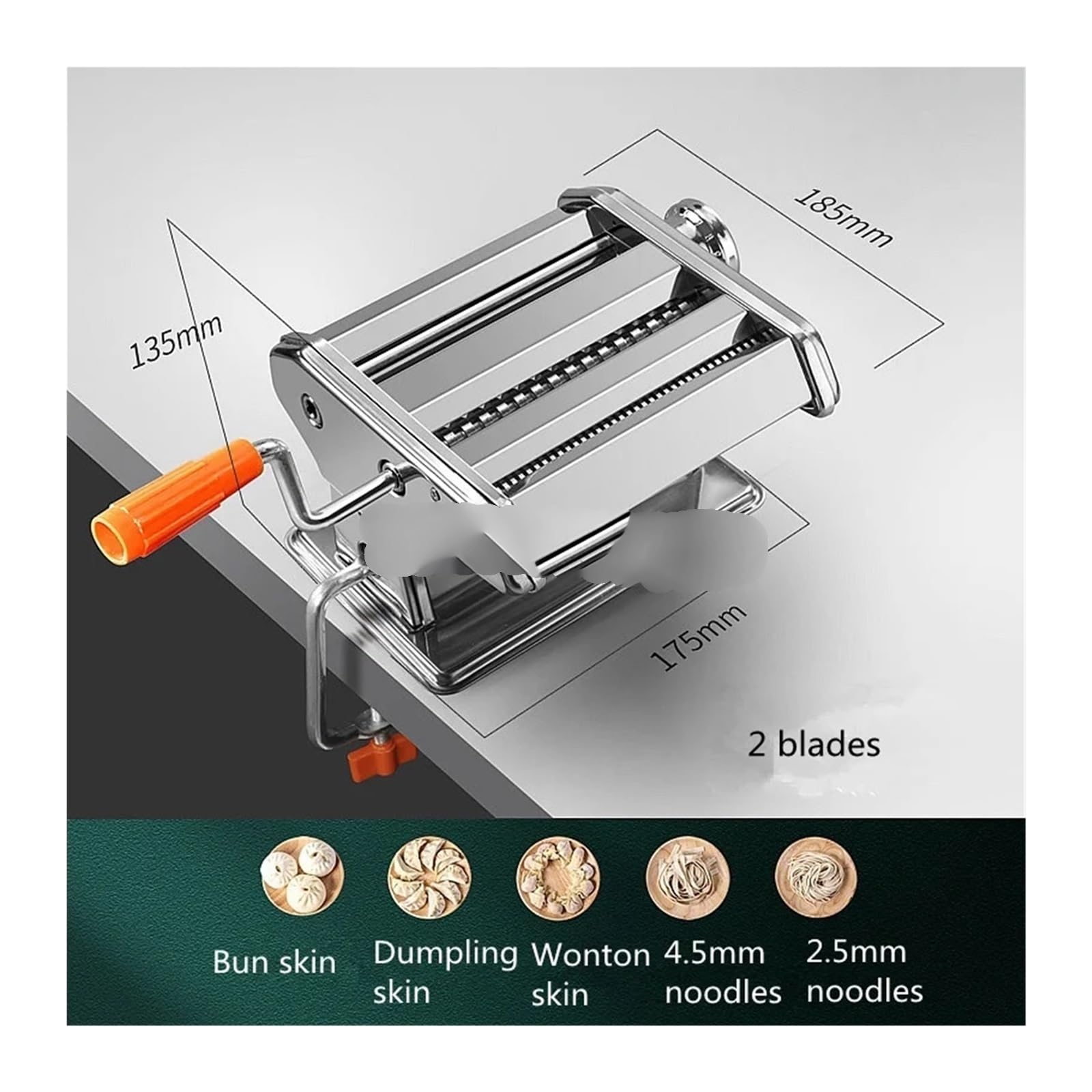 Nudelmaschine Manuell Familien-Nudelmaschine, kleine multifunktionale Teigpresse, manueller Rollmechanismus, automatische Teigtaschen-Wan-Tan-Haut-Maschine Für Fettuccini(2 Blades Silver)