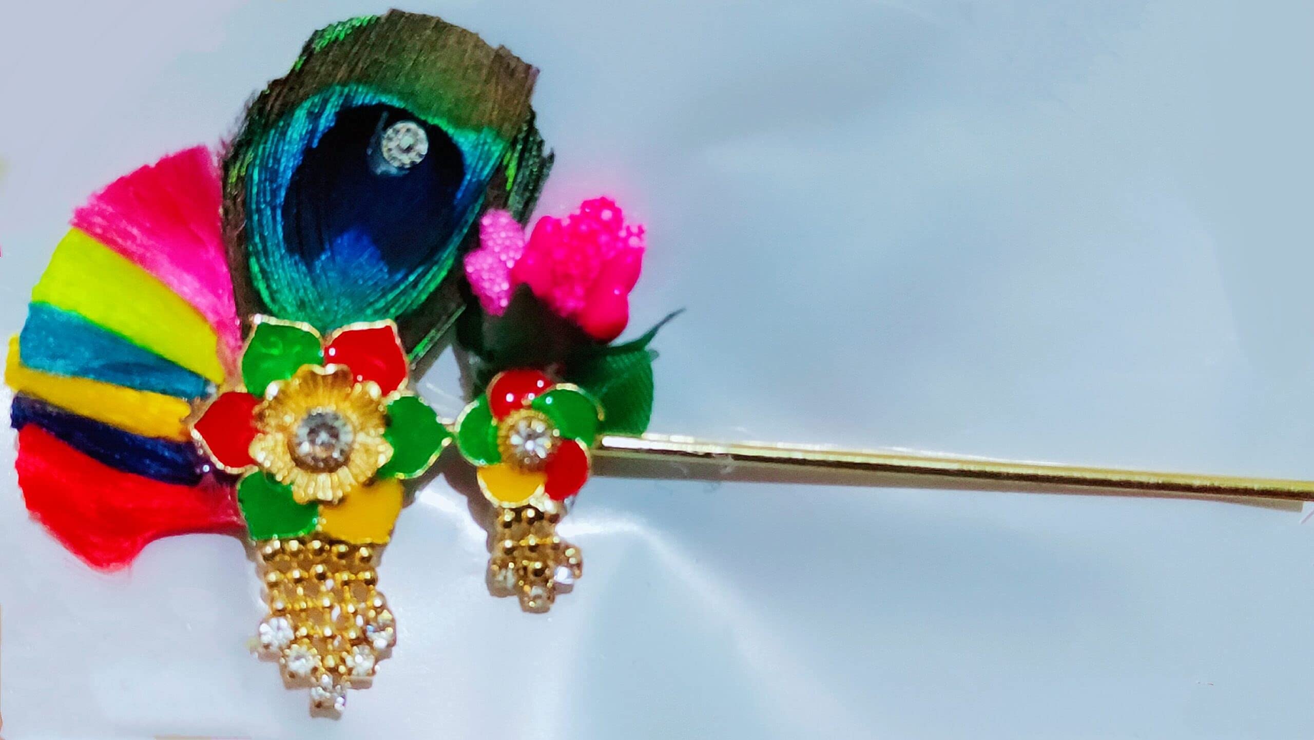 Bansuri – 4.5 in Length Iskcon Style Multicolor Metal flute with Attached Morpankh for Lord Krishna & Laddu Gopal flute Bansuri janmasthami special kanha accessories krishna gopal Lord laddu gopal |