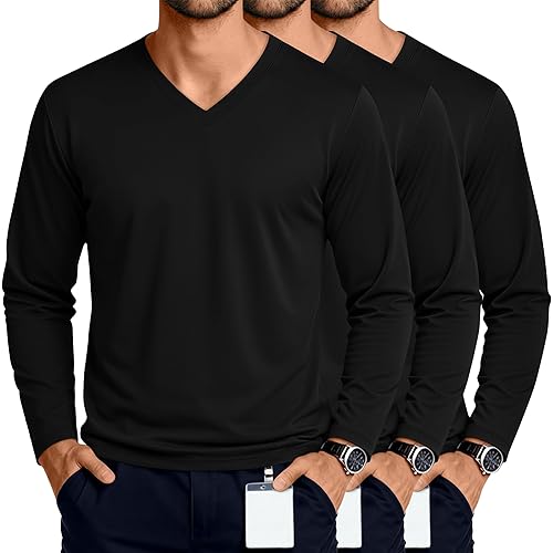 3 Pack Men's Big and Tall Undershirts Long Sleeve V Neck Shirts Base Layer Comfort Basic Tops Under Scrubs