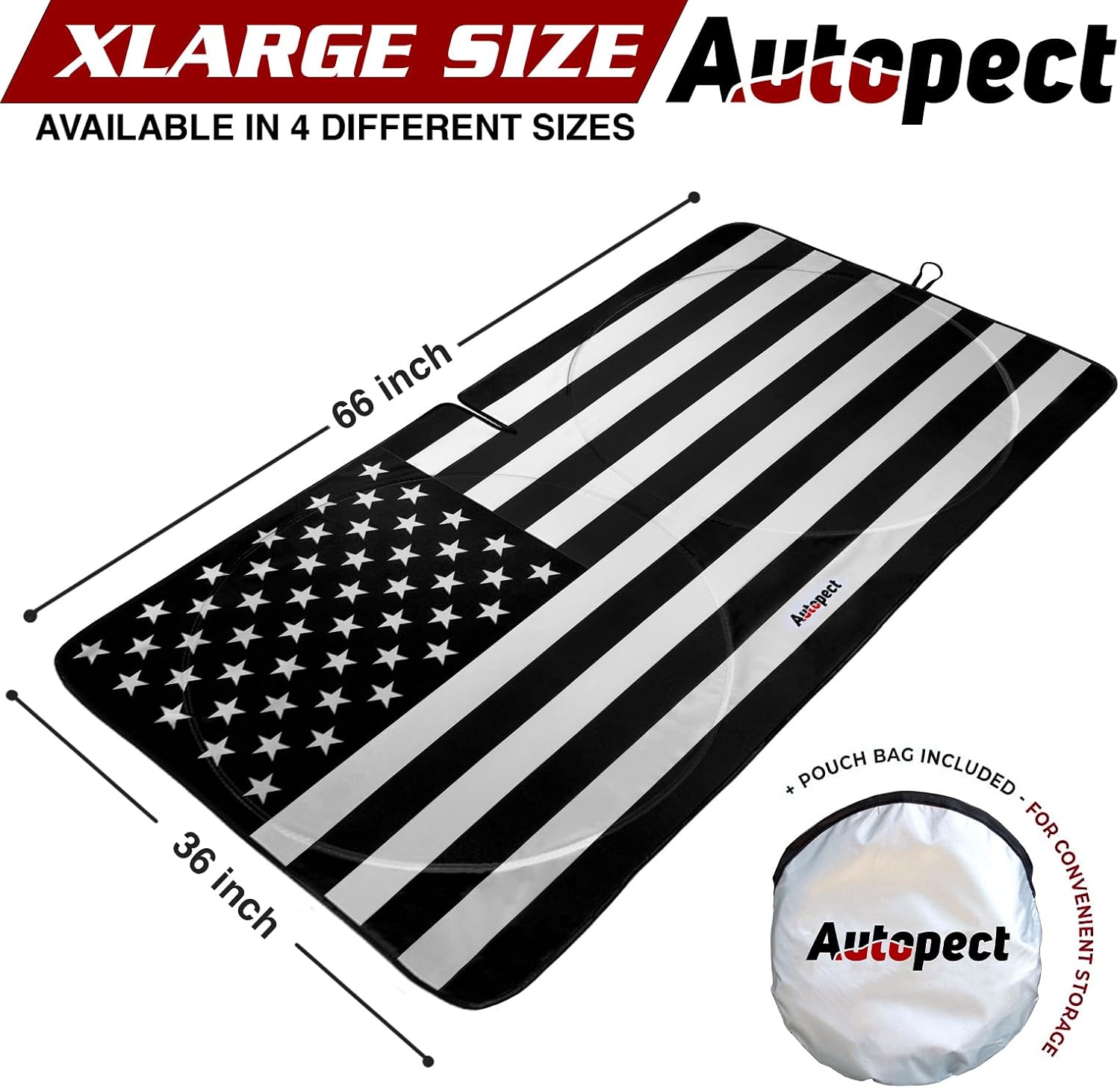 Autopect Windshield Sun Shade - American Flag Design, High-Resolution Sun Visor for Car, Truck, SUV with Mirror Cut-Out for Interior Sun Protection, Foldable Car Sun Shade (Black and White, X-Large)
