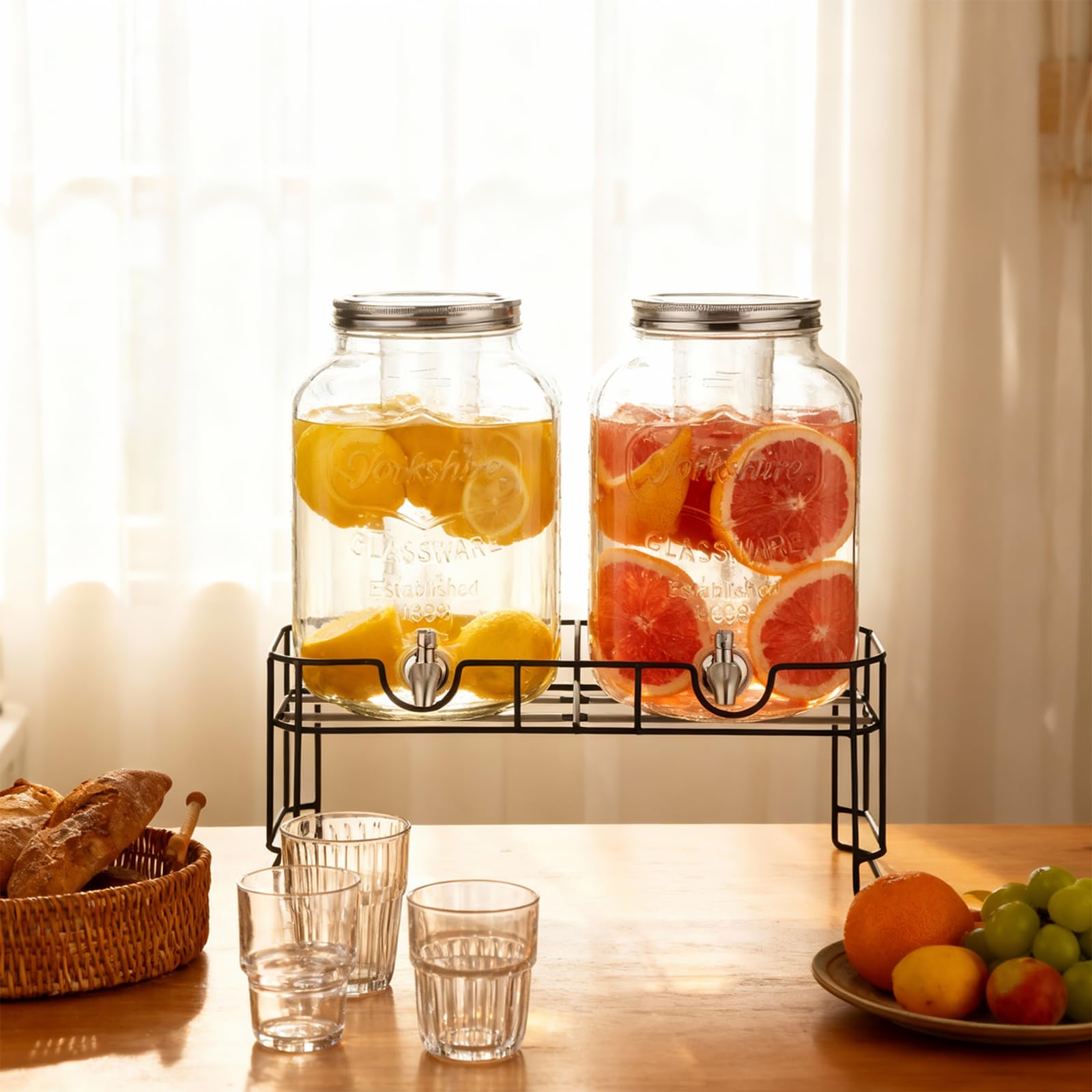 Lot de 2 distributeurs de boissons de 2 gallons pour fêtes, avec support, distributeur de carafe d'eau en verre